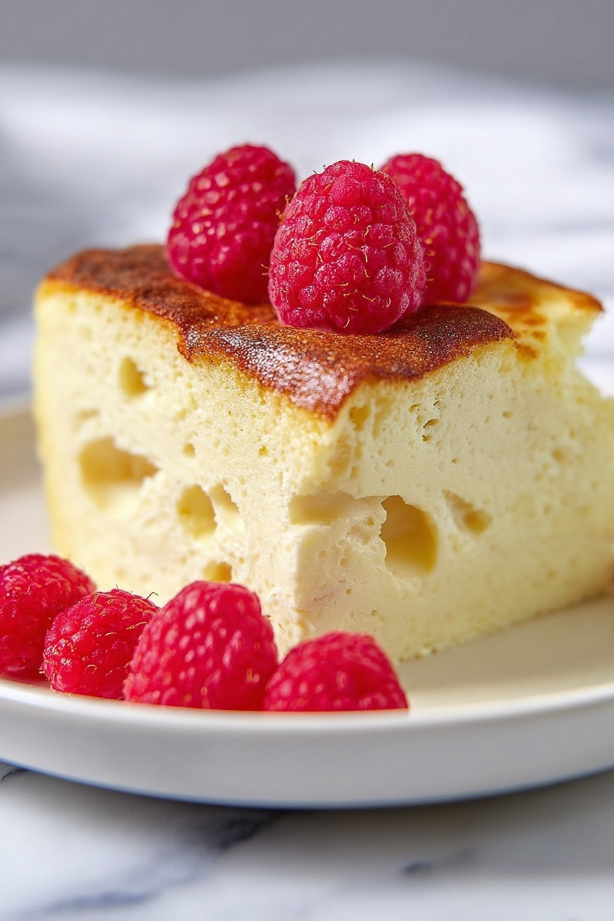 French Bread Custard Pudding with Vanilla Sauce, classic bread pudding, comforting dessert recipes, French bread dessert, vanilla sauce dessert - A thick, square slice of light yellow custard cake with a slightly browned top layer sits on a white plate. The cake shows a soft, airy texture with small holes and swirls inside. On top of the cake are several bright red raspberries with a textured surface. Around the base of the cake on the plate are a few more raspberries. The plate is set on a white marbled surface. photo taken with an iphone --ar 2:3 --v 7