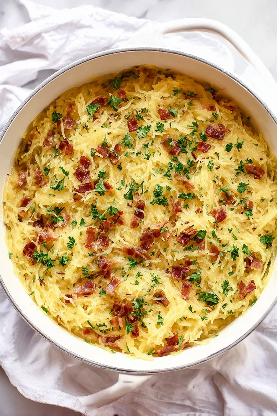 Spaghetti Squash Carbonara, healthy vegetable pasta, low-carb pasta recipes, cozy weeknight dinners, light Italian pasta dishes - The image shows a close-up of a creamy spaghetti squash dish in a white bowl with visible strands of golden yellow squash mixed with small pieces of brown bacon. The top layer is covered with melted light yellow cheese and sprinkled with chopped green parsley. A silver fork, held by a woman's hand at the upper right corner, is twirling the strands of squash and cheese, creating a textured and tangled appearance. The background is a white marbled surface. Photo taken with an iphone --ar 2:3 --v 7