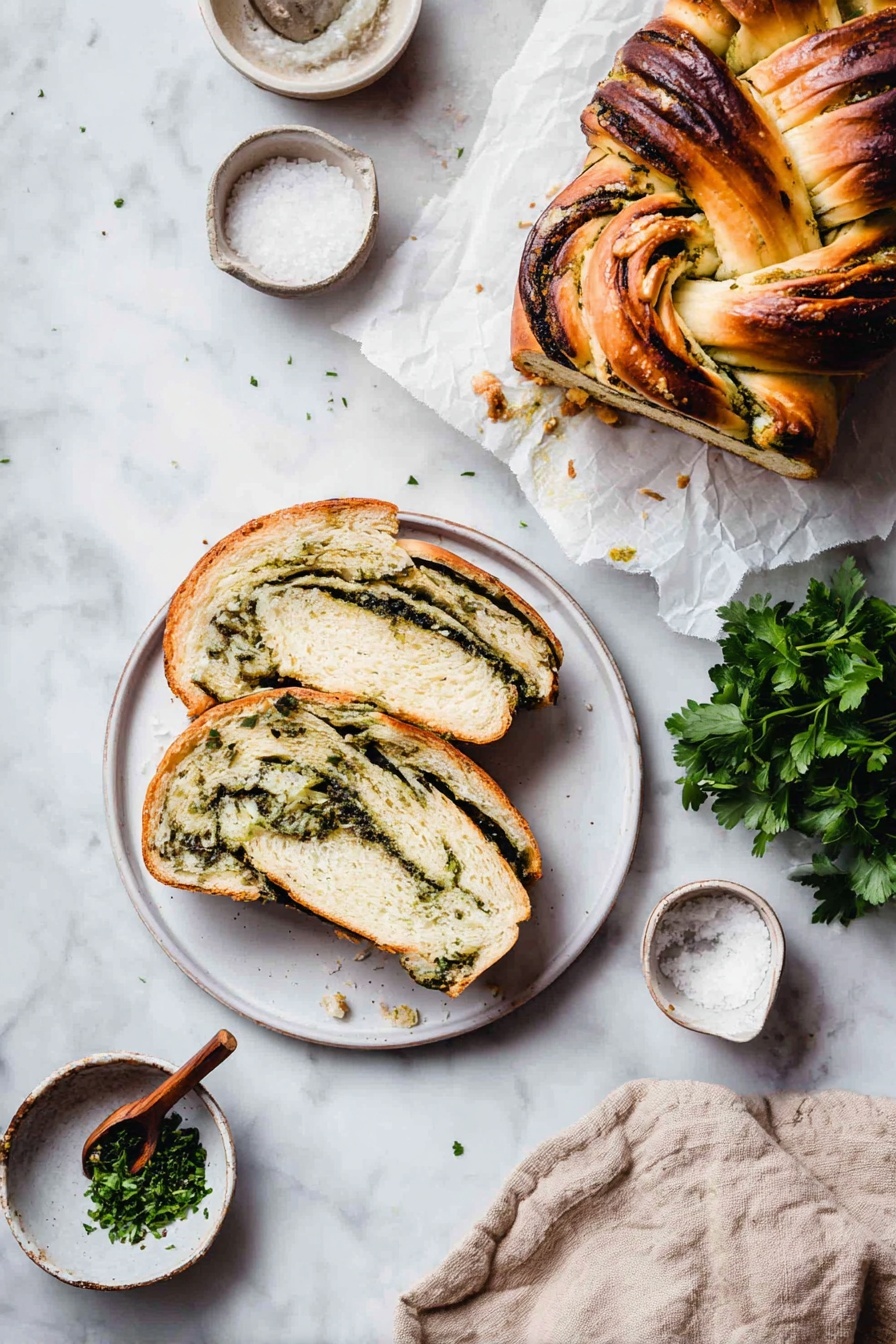 Vegan Garlic Herb Bread, vegan garlic bread, homemade garlic herb bread, plant-based garlic bread, best vegan garlic bread - There is a white plate with two large slices of braided bread that has a golden brown crust and visible green herb filling swirled inside each slice, with one slice resting partially on top of the other. Next to the plate, a larger piece of the same braided bread, showing three twisted layers with dark green herbs baked in between, sits on white parchment paper. Around the bread, there are small white bowls and dishes with white salt and green chopped herbs, including one dish with a small wooden spoon. To the right, a small round bowl holds fresh green parsley leaves. All items are placed on a white marbled surface with a light beige cloth on the right edge. photo taken with an iphone --ar 2:3 --v 7
