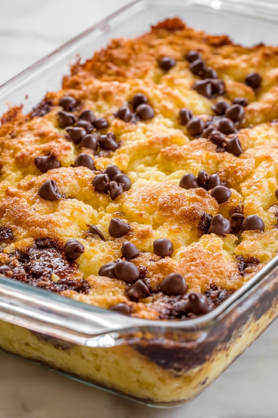 Chocolate Croissant Breakfast Bake, decadent brunch ideas, egg and croissant casserole, chocolate breakfast casserole, easy brunch recipes - A glass baking dish filled with a baked dessert that has a golden brown, textured top layer with uneven peaks and edges. Scattered on the surface are many semi-melted dark brown chocolate chips, creating contrast with the lighter yellowish-golden crust. The sides of the dish reveal a slightly gooey, darker under layer peeking through, while the top has a crispy, bubbly look. The whole dish sits on a white marbled surface. photo taken with an iphone --ar 2:3 --v 7