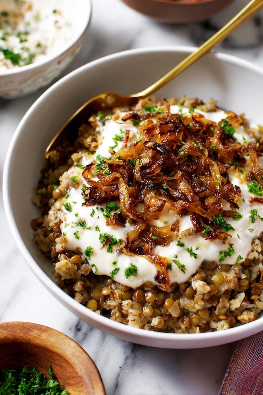 Easy Lentil and Rice Mujadara, Lentil and Rice Mujadara, vegetarian Middle Eastern dishes, hearty plant-based meals, simple Mujadara recipe - A white bowl filled with three distinct layers: the bottom layer is a mix of cooked lentils and bulgur, showing a textured, brownish-green color; the middle layer is a thick, creamy white sauce spread unevenly on top; and the top layer consists of caramelized golden-brown onions scattered with small chopped green herbs. There is a gold spoon resting inside the bowl partly covered by the layers. The bowl sits on a white marbled surface with blurred background elements including a white bowl with a brown rim and a small wooden bowl with green herbs. Photo taken with an iphone --ar 2:3 --v 7