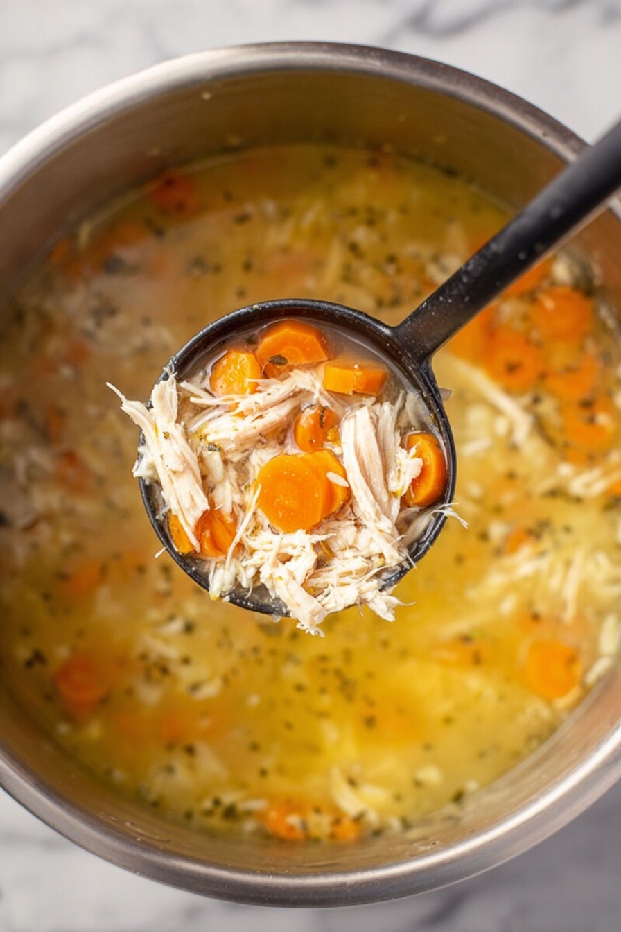 Lemon Chicken Soup, healthy lemon chicken soup, comforting chicken soup with lemon, easy lemon chicken soup, bright flavorful chicken soup - A black ladle holding a scoop of soup with shredded pale chicken pieces and bright orange carrot slices over a pot of broth with more shredded chicken and carrot pieces floating in it. The broth is clear light yellow with small bits of chicken and carrots spread throughout, inside a stainless steel pot, all set on a white marbled surface. Photo taken with an iphone --ar 2:3 --v 7