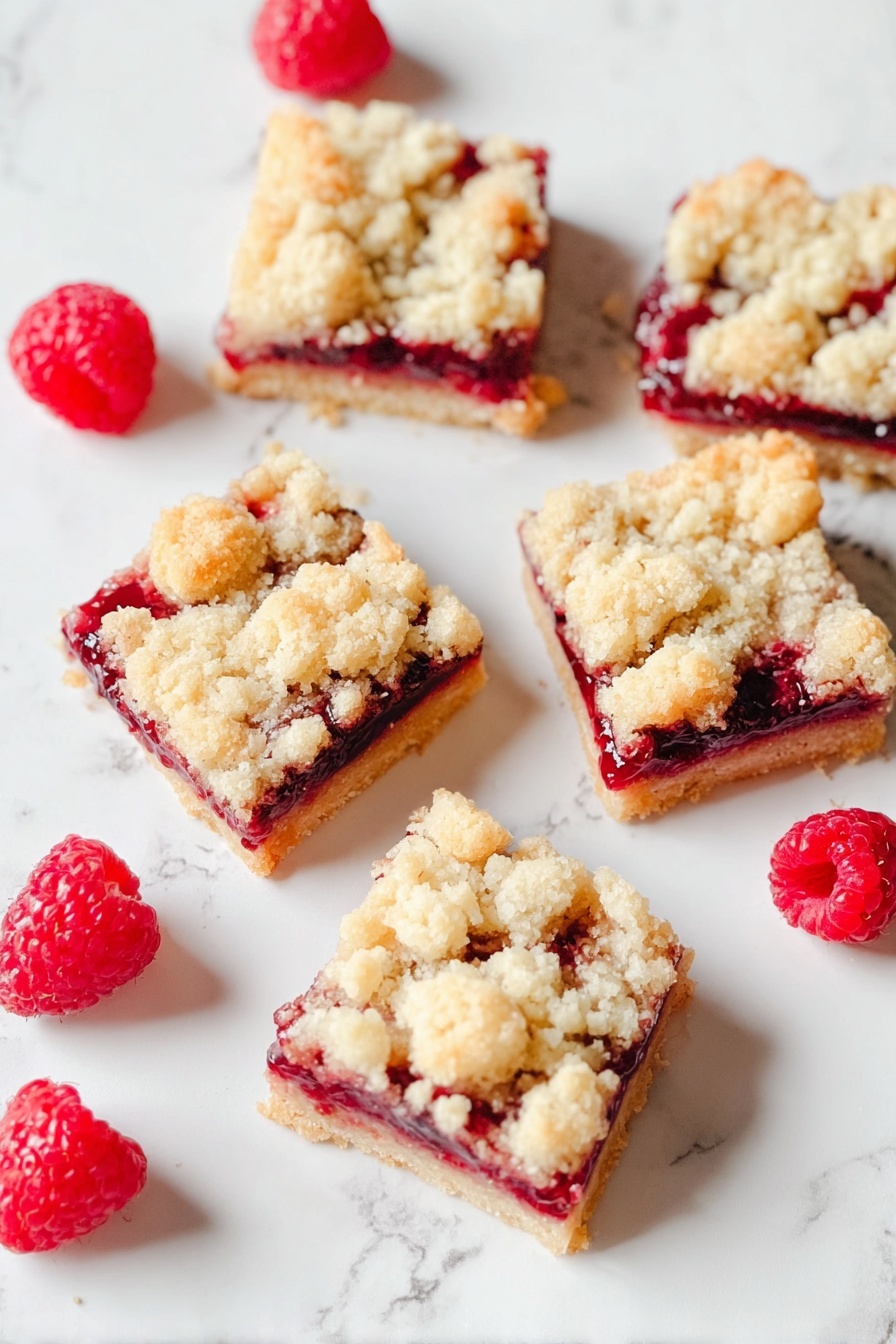 Raspberry Jam Bars, Five Ingredient Dessert, Easy Raspberry Bars, Simple Jam Bars, No-Bake Raspberry Treats - Five square pieces of raspberry crumble bars are placed on a white marbled surface. Each bar has three layers: a light golden brown base, a thick dark red raspberry jam middle, and a crumbly pale yellow topping with large crumbs unevenly spread. Around the bars, several fresh red raspberries add bright pops of color, contrasting with the soft texture of the bars. The light shines softly, showing the crumbly texture and juicy filling clearly. photo taken with an iphone --ar 2:3 --v 7