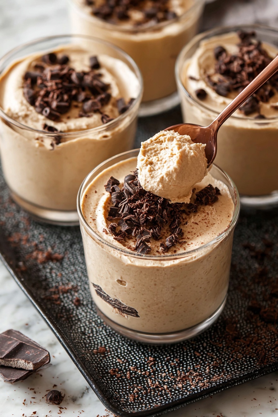 Coffee Mousse, coffee mousse recipe, easy coffee dessert, homemade coffee mousse, silky coffee mousse - The image shows three clear glass cups filled with light brown mousse, each topped with small dark brown chocolate curls. The mousse has a smooth, creamy texture with some darker bits inside. One cup in the front has a small dip in the middle, where a copper spoon holding a scoop of the mousse is placed near the top edge. The cups sit on a black textured tray on a white marbled surface, with some chocolate curls scattered around. The scene is bright and close up, focusing on the silky mousse and shiny chocolate curls. photo taken with an iphone --ar 2:3 --v 7