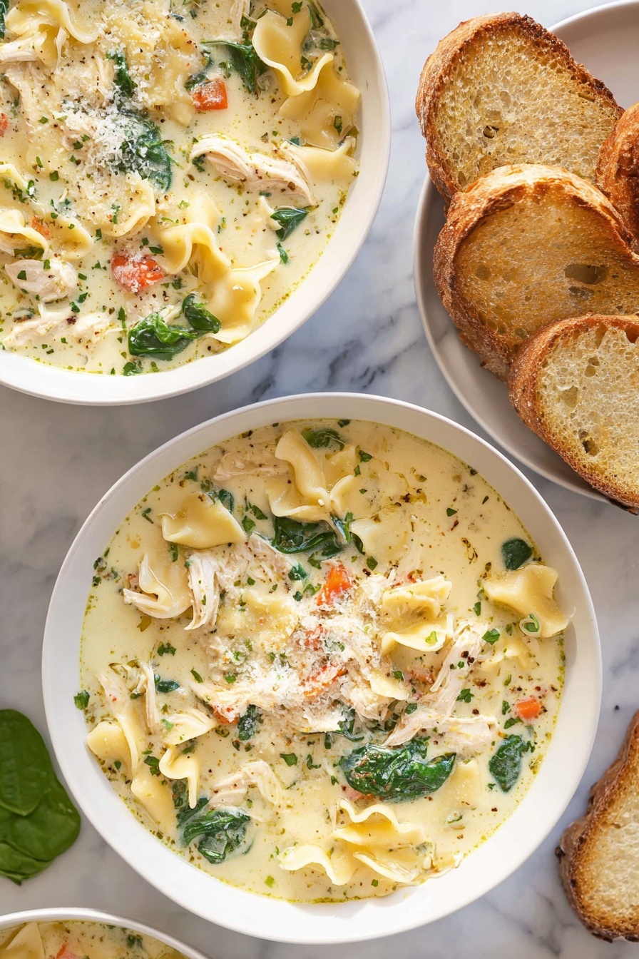 White Lasagna Soup, creamy lasagna soup, easy lasagna soup, chicken lasagna soup, comforting soup recipes - The image shows two white bowls filled with a creamy soup that has wide, curly-edged pasta, shredded chicken, spinach leaves, small pieces of orange carrot, and a sprinkle of grated cheese on top. The soup is thick and light yellow in color with flecks of herbs throughout. To the right side of the bowls, there are slices of toasted bread with a golden crust placed on a white marbled surface. The overall scene is bright with soft natural lighting emphasizing the texture of the soup and bread. photo taken with an iphone --ar 2:3 --v 7