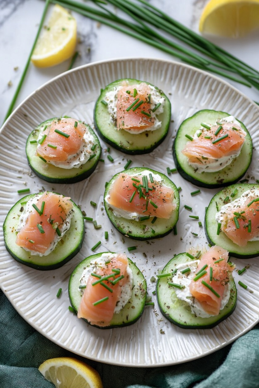 Smoked Salmon Cucumber Bites, smoked salmon appetizer, smoked salmon snack, easy appetizer recipes, healthy finger foods - This image shows eight cucumber slices arranged in a circle on a white textured plate. Each cucumber slice forms the base layer, dark green on the outside and pale green in the middle. On top of each slice is a thick layer of white creamy spread, smooth and soft in texture. Small pieces of light pink smoked salmon are laid over the spread on every slice, each piece slightly folded and garnished with finely chopped green chives and a little black pepper. The plate is set on a white marbled surface with some scattered fresh green chives and lemon wedges placed around the plate. A green cloth napkin is softly draped in the background. Photo taken with an iphone --ar 2:3 --v 7