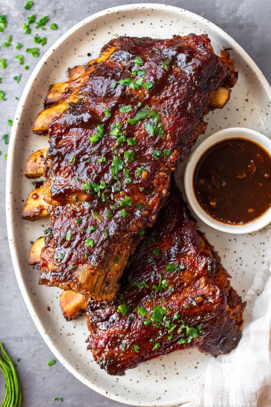 Crockpot Ribs, slow cooker ribs recipe, easy ribs dinner, tender ribs in slow cooker, smoky ribs recipe - A white plate with several pieces of ribs covered in a shiny, dark brown barbecue sauce, sprinkled with small green herb pieces. One piece is being held by a woman's hand on the right side, showing its inside texture where the meat looks soft and tender with a caramelized surface. A small white bowl with more sauce is located near the ribs on the right side. The background is a blurred white marbled surface. Photo taken with an iphone --ar 2:3 --v 7