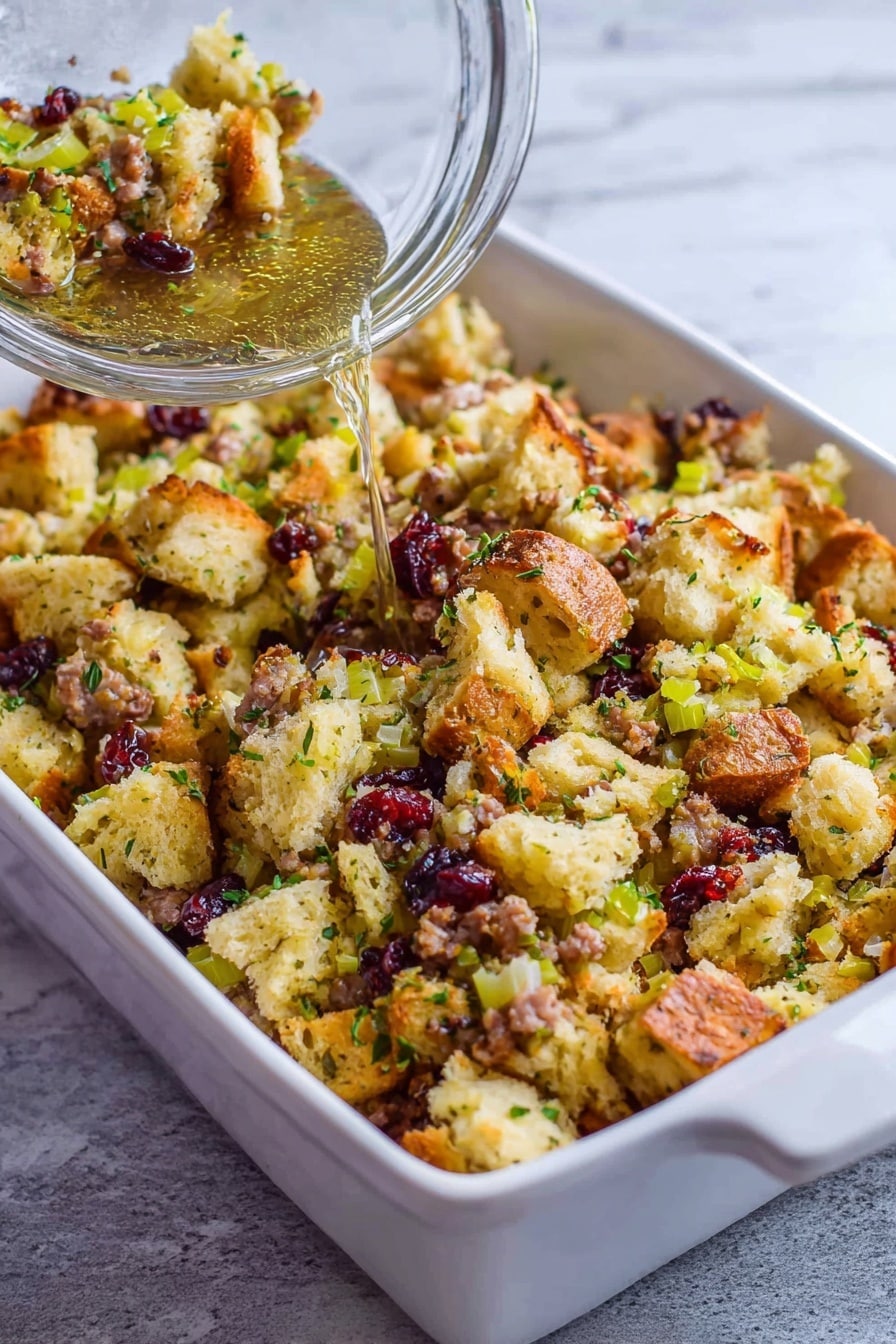 Sausage & Herbed Bread Stuffing, savory sausage stuffing, holiday bread stuffing, herb-infused stuffing recipe, cranberry bread stuffing - A white rectangular baking dish filled with a mixture of light golden bread pieces, green celery bits, small pieces of cooked sausage, and dark red dried cranberries. The mixture has a crumbly texture with some moist chunks, and green herbs are scattered throughout. A clear glass bowl is tilted above the dish, pouring the mixture in. The background is a white marbled surface. Photo taken with an iphone --ar 2:3 --v 7