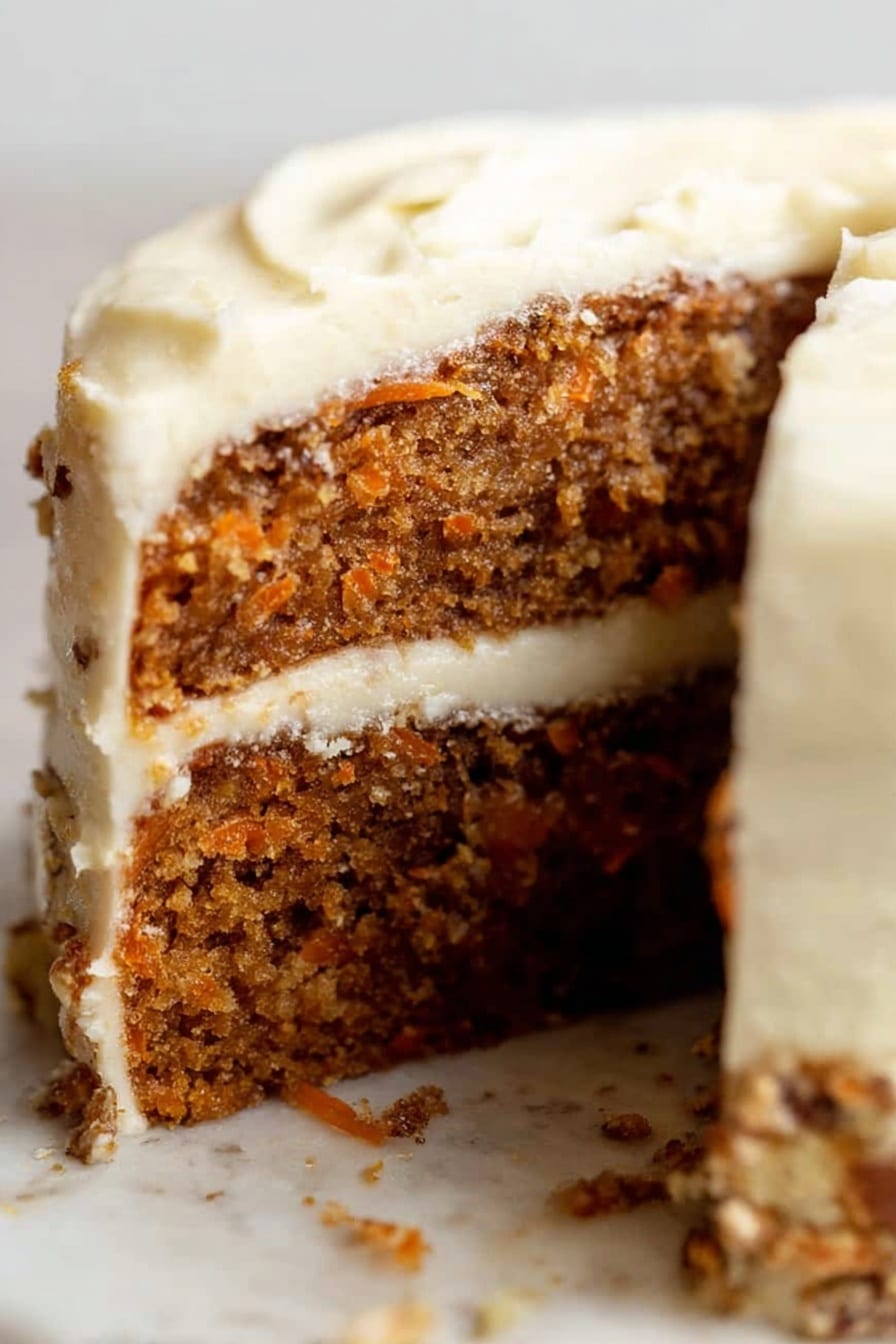 Classic Carrot Cake with Cream Cheese Frosting, homemade carrot cake, best carrot cake recipe, easy carrot cake with cream cheese frosting, moisture-rich carrot cake - A two-layer carrot cake with thick layers of creamy white frosting between and around the cake layers. The carrot cake is brown with visible bits of carrot and nuts, showing a moist texture. The top layer of white frosting is smooth and slightly textured, wrapping around the edges of the cake. The cake is resting on a white marbled surface, with a slice missing, showing the inside clearly. Photo taken with an iphone --ar 2:3 --v 7