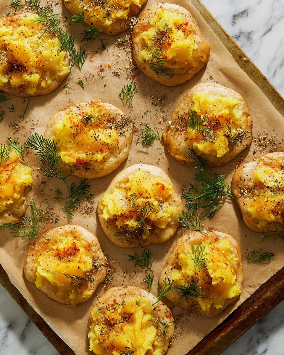 How to Make Smashed Potatoes, smashed potatoes crispy outside, easy smashed potatoes recipe, garlic smashed potatoes, perfect smashed potatoes - The image shows a baking tray lined with light brown parchment paper, on which there are 14 small round pieces of dough, each topped with mashed yellow potatoes. Each piece has a thin drizzle of golden honey or syrup, sprinkled with black pepper and red seasoning, and garnished with small green dill leaves. The dough is light beige and slightly spread out beneath the yellow potatoes, which have a rough, chunky texture. The tray and food are set on a white marbled surface, and the lighting is bright and natural. Photo taken with an iphone --ar 2:3 --v 7