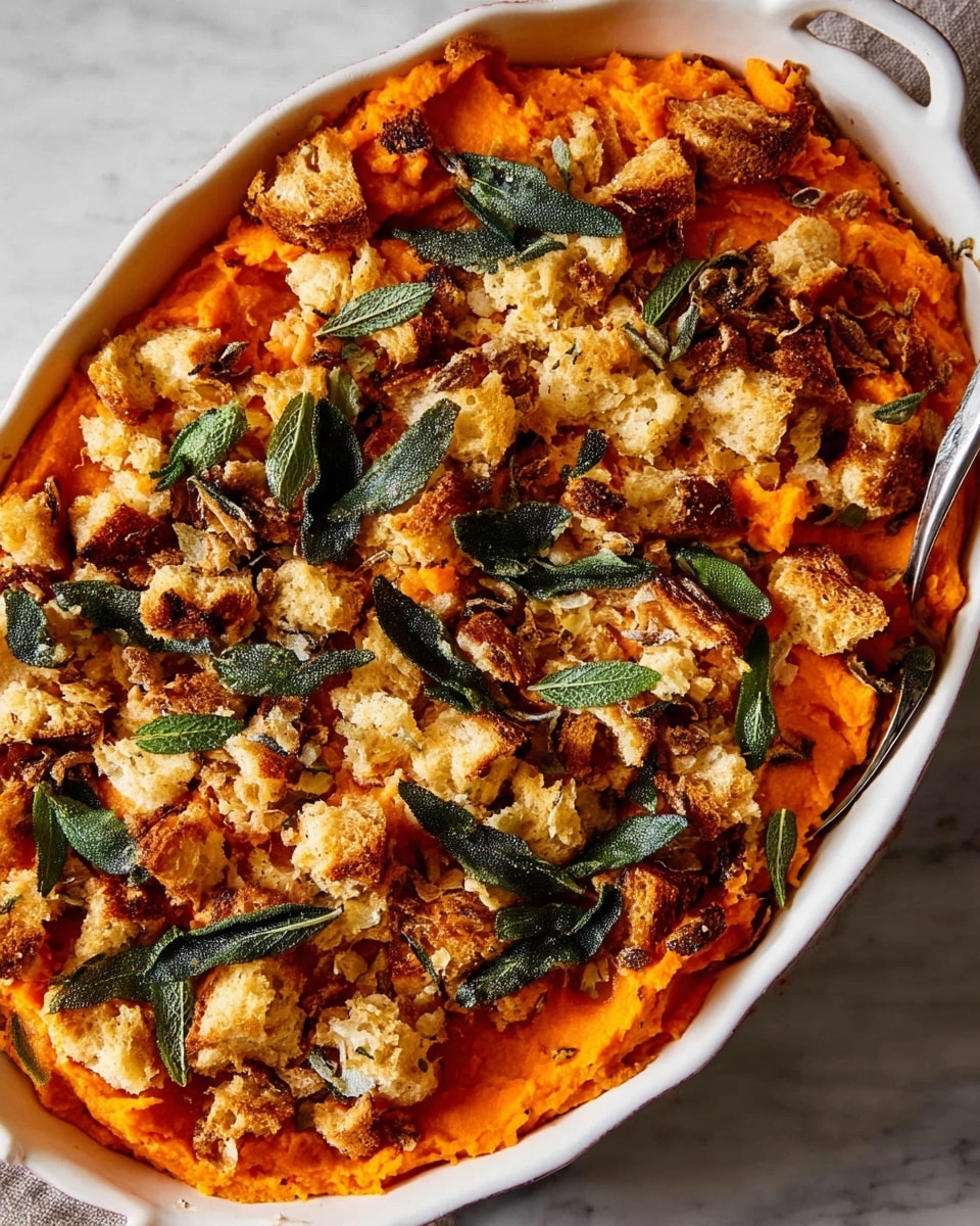 Savory Sweet Potato Casserole with Sage and Parmesan, sweet potato casserole side dish, savory sweet potato recipes, roasted sweet potato ideas, Parmesan sage casserole - The image shows an oval white baking dish filled with a layered dish. The bottom layer is smooth and bright orange, likely mashed sweet potatoes. On top, there is a layer of torn, light golden toasted bread pieces scattered evenly. Mixed in with the bread pieces are dark green crispy sage leaves spread throughout the top layer. The dish rests on a white marbled surface. The photo is taken with an iphone --ar 2:3 --v 7