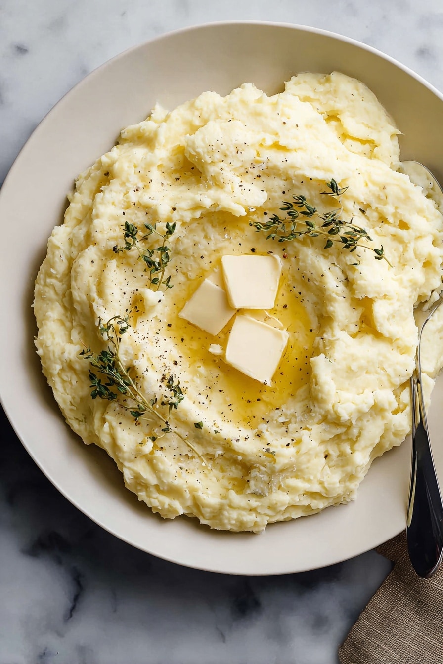 Mashed Potatoes, Best Mashed Potatoes Recipe, Creamy Mashed Potatoes, Garlic Mashed Potatoes, Perfect Mashed Potatoes - A white round plate holds a thick layer of creamy mashed potatoes with a soft, fluffy texture. Two square pats of pale yellow butter sit on top near the center, slightly melting into the potato. Small green sprigs of fresh thyme are scattered across the surface, adding a touch of color. Ground black pepper is lightly sprinkled over the dish. The plate is placed on a white marbled surface, and a silver spoon with a black handle is tucked under the right edge of the plate. Photo taken with an iphone --ar 2:3 --v 7