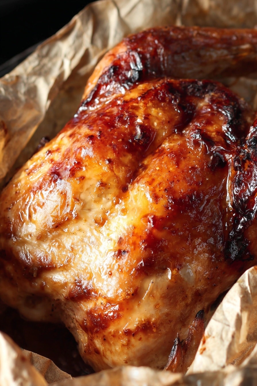 The Best Thanksgiving Turkey, Thanksgiving turkey recipe, juicy roasted turkey, flavorful turkey for Thanksgiving, holiday turkey centerpiece - The image shows a close-up of a roasted chicken with a shiny, golden-brown skin that has areas of darker caramelized spots, giving a crispy texture. The chicken is partially wrapped in translucent baking paper that has some browning and slight grease marks. The background is dark, which contrasts with the bright, glossy surface of the chicken skin, highlighting its juicy and well-roasted appearance. photo taken with an iphone --ar 2:3 --v 7