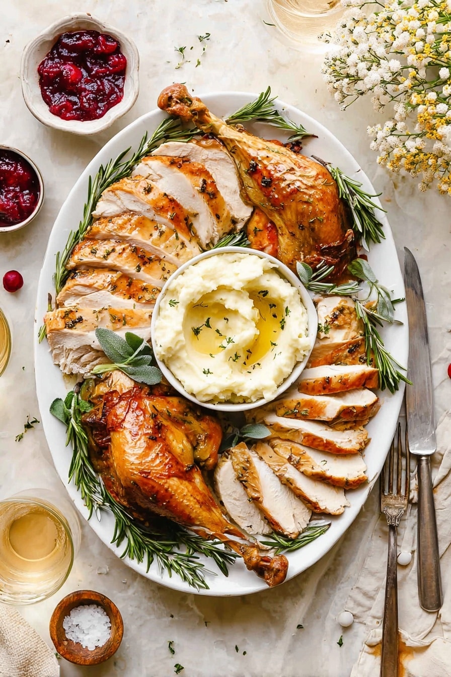 Roasted Herb Butter Turkey, herb butter turkey, juicy roast turkey, holiday turkey recipe, flavorful turkey centerpiece - A white scalloped plate holds layers of golden roasted turkey slices arranged in a semi-circle across the top and left side, showing a juicy texture with a light glaze. In the center right, there is a small round bowl filled with creamy white mashed potatoes drizzled lightly with olive oil and sprinkled with herbs. At the bottom right part of the plate, a darker roasted turkey leg rests beside sprigs of fresh green rosemary and thyme, adding green contrast. The plate sits on a white marbled surface with soft natural light enhancing the warm and inviting colors. Photo taken with an iphone --ar 2:3 --v 7