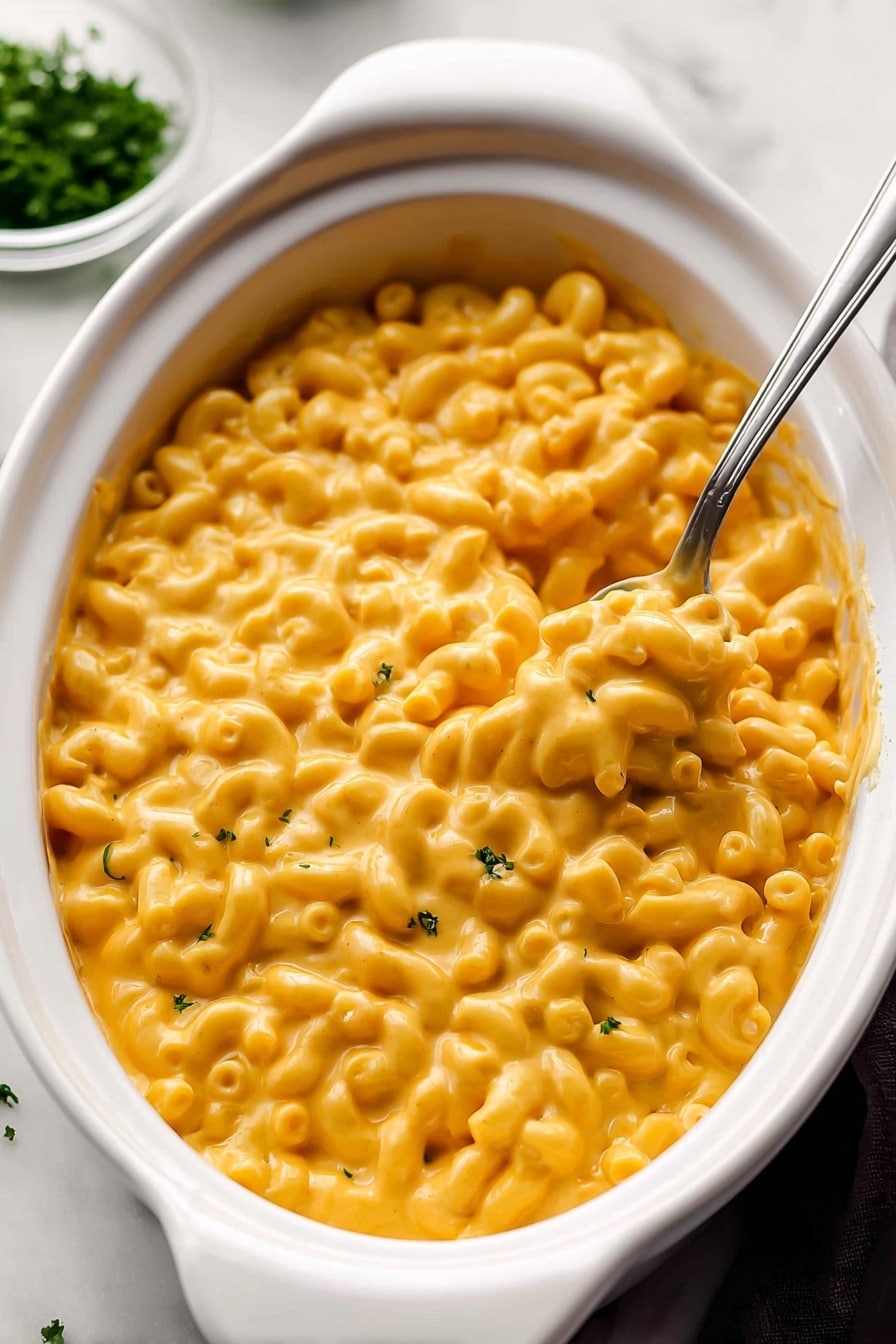 Crock Pot Mac and Cheese, easy slow cooker mac and cheese, creamy crock pot pasta, cheesy slow cooker dinner, comforting mac and cheese recipe - A white oval dish filled with creamy macaroni and cheese, showing one main layer of small elbow pasta coated in a thick, smooth, bright orange cheese sauce. A silver spoon is partly submerged on the right side, lifting some macaroni, with the cheese sauce clinging softly to the pasta and spoon. The dish sits on a white marbled surface, and some chopped green herbs are blurred in a bowl in the top left corner, adding a fresh contrast. Photo taken with an iphone --ar 2:3 --v 7