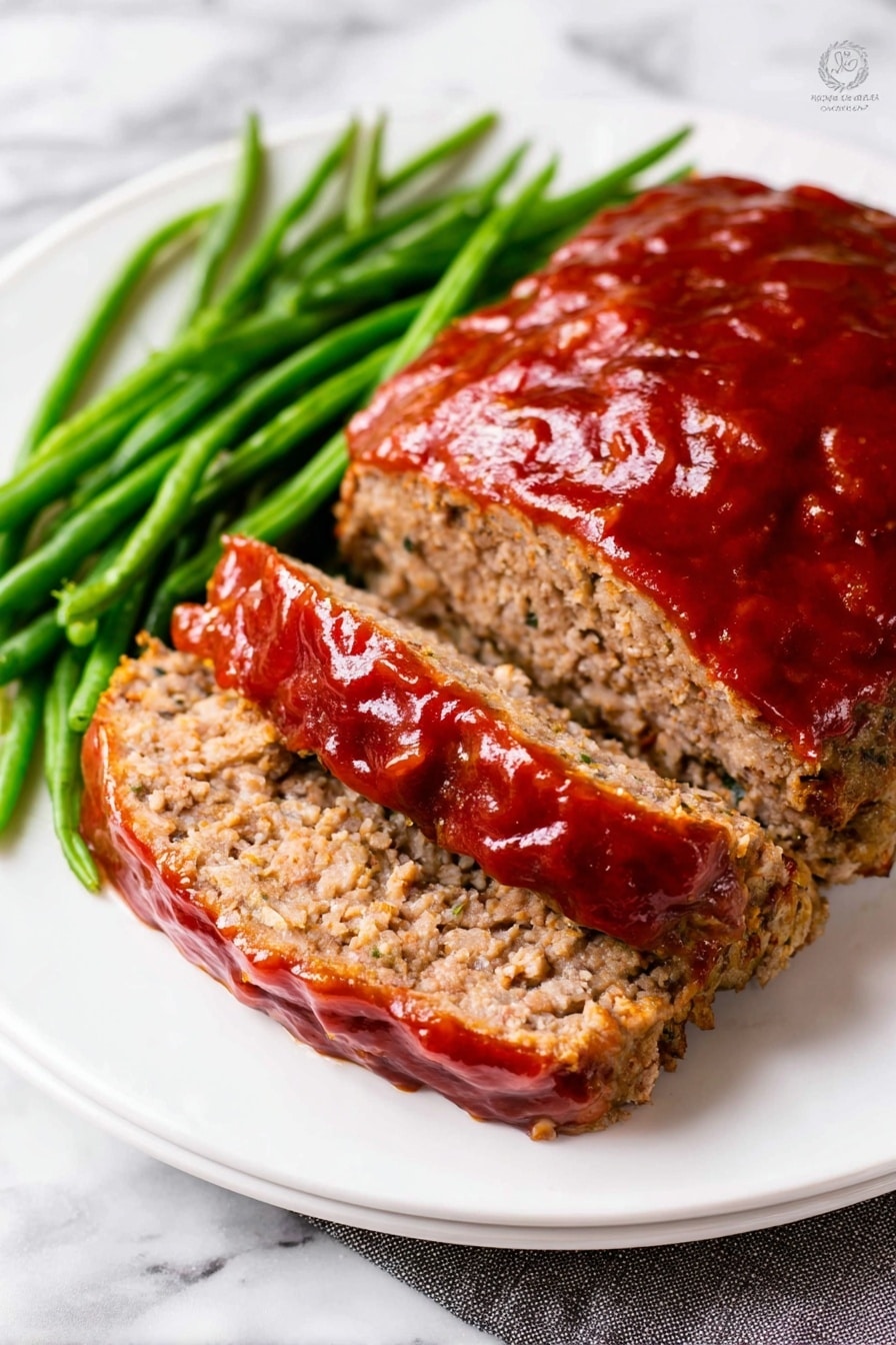 Crockpot Meatloaf with Parmesan and Sweet Ketchup Glaze, easy crockpot meatloaf recipe, tender meatloaf in slow cooker, Parmesan meatloaf dinner, flavorful crockpot recipes - A white plate holds a meatloaf with a glossy, shiny red sauce spread thickly on top, covering the entire top layer. The meatloaf is sliced in the front, showing two cut layers underneath the sauce. To the sides of the meatloaf are bright green, thin green beans arranged in small bunches. The plate sits on a white marbled surface. photo taken with an iphone --ar 2:3 --v 7