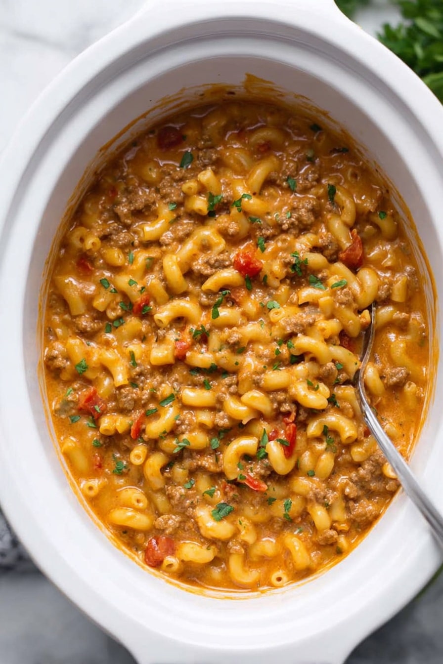 Healthier Slow Cooker Hamburger Helper, healthy comfort food, easy slow cooker dinner, wholesome ground beef recipes, kid-friendly slow cooker meals - A close-up view of a creamy macaroni dish in a white bowl on a white marbled surface, showing about two layers of elbow macaroni pasta and ground meat mixed in a thick, orange-colored sauce with small pieces of red bell pepper and bits of herbs sprinkled on top, giving texture and color contrast with green specks scattered throughout; a silver spoon rests inside the bowl. photo taken with an iphone --ar 2:3 --v 7