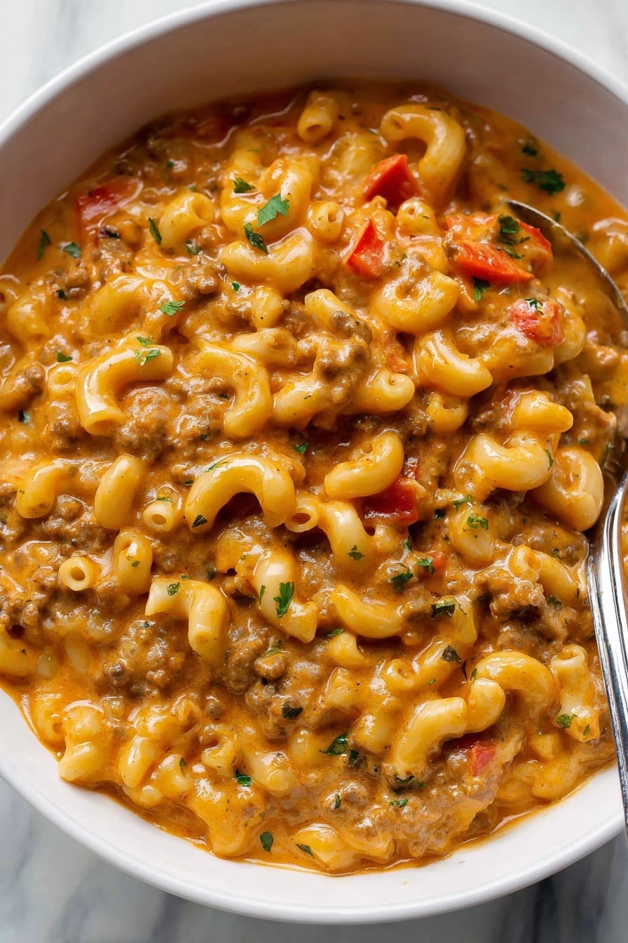Healthier Slow Cooker Hamburger Helper, healthy comfort food, easy slow cooker dinner, wholesome ground beef recipes, kid-friendly slow cooker meals - A close-up view of a white crockpot filled with creamy macaroni pasta in a thick orange-colored sauce. The dish has soft elbow macaroni pieces mixed evenly with ground meat and small bits of red vegetables, all coated in the sauce. The top surface is sprinkled with chopped green herbs, adding a fresh touch. A metal spoon rests inside the crockpot on the right side, partially submerged in the pasta mixture. The pot sits on a white marbled surface with some green leaves softly visible in the upper right corner. photo taken with an iphone --ar 2:3 --v 7