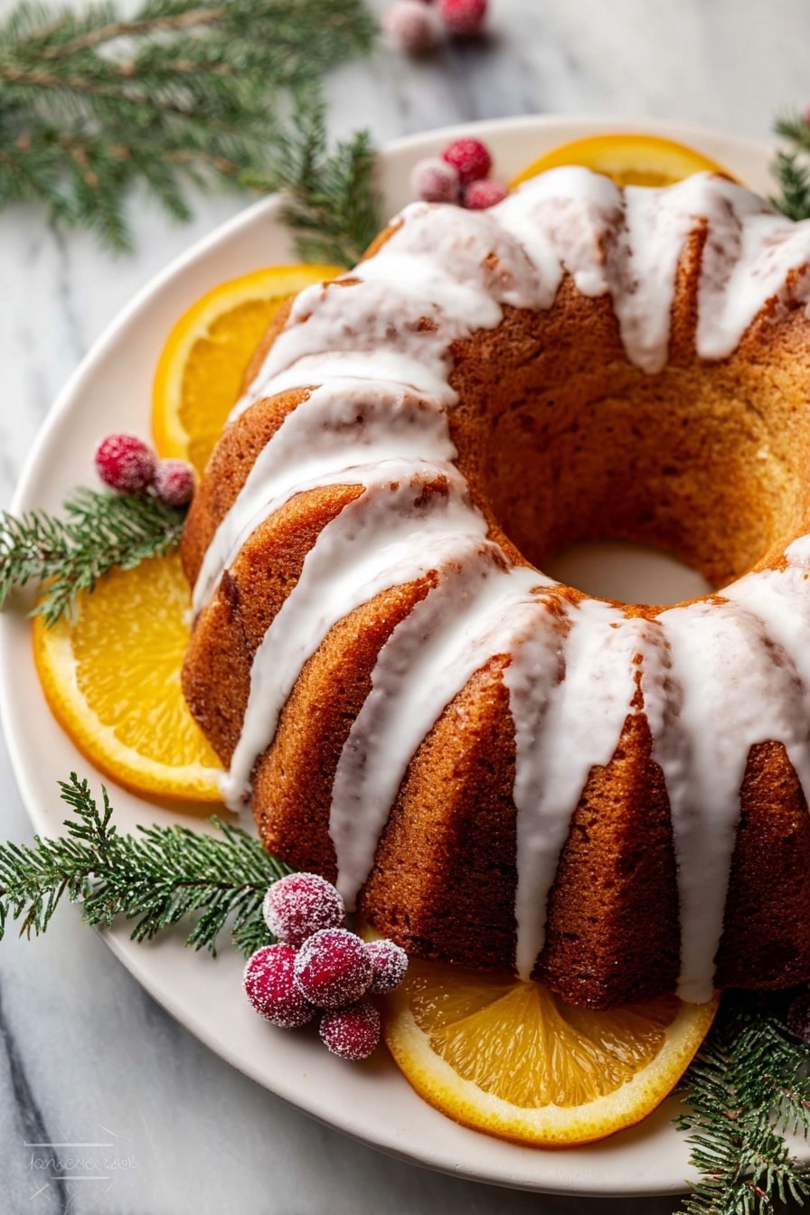 Cranberry Orange Bundt Cake, festive cranberry orange cake, holiday bundt cake, moist cranberry cake recipe, easy citrus cranberry dessert - A single-layer bundt cake with a golden brown color and smooth texture is shown on a white plate. The cake is drizzled with white icing that flows down the ridges. Around the cake on the plate are fresh orange slices, small red sugared berries, and green fir branches for decoration. The setting is on a white marbled surface. photo taken with an iphone --ar 2:3 --v 7