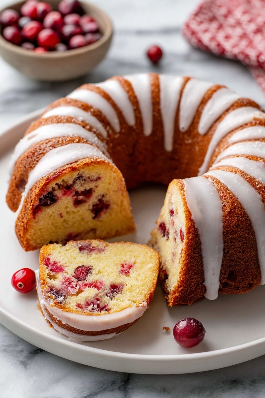 Cranberry Orange Bundt Cake, festive cranberry orange cake, holiday bundt cake, moist cranberry cake recipe, easy citrus cranberry dessert - A close-up view of a single slice of bundt cake held on a cake server above a white plate. The cake has one thick layer with a soft, golden yellow crumb mixed with bright red berries and brown cinnamon swirl spots. The outside has a light brown crust, and the top is covered with a smooth white glaze that drips down the sides. In the background, the rest of the round bundt cake with matching glaze is visible on the white plate, which sits on a white marbled surface with a light pink cloth nearby. Photo taken with an iphone --ar 2:3 --v 7