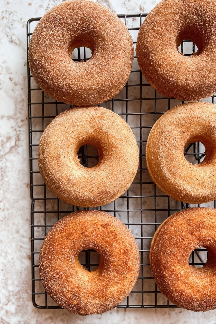 Cinnamon Sugar Doughnuts, homemade doughnuts, fluffy doughnut recipes, cinnamon sugar coating, best doughnut recipe - The image shows seven round donuts with a hole in the middle, all covered in a light layer of brown sugar and cinnamon. They are placed on a black wire cooling rack. One donut at the bottom right has a bite taken out of it. At the top right corner, there is a small metal bowl filled with more cinnamon sugar, and resting on the bowl is a wooden brush with light bristles. The background surface is a white marbled texture photo taken with an iphone --ar 2:3 --v 7