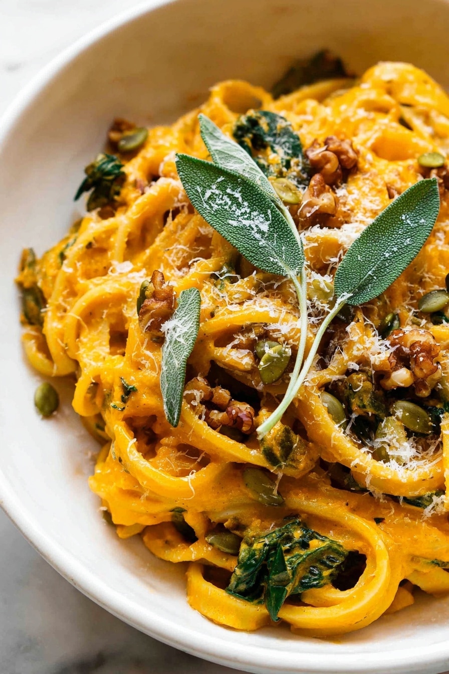 Pumpkin Pasta, Pumpkin Pasta Recipe, Cozy Pumpkin Pasta, Fall Pasta Dish, Easy Pumpkin Pasta - This image shows a white bowl filled with three layers of thick, yellowish pasta noodles coated in a creamy orange sauce. On top of the pasta are scattered pieces of green wilted spinach, small brown walnut chunks, green pumpkin seeds, and a light sprinkling of grated cheese. Bright green fresh sage leaves are placed as garnish, adding a touch of freshness and texture. Everything sits on a white marbled surface, with the close-up showing the creamy texture of the sauce and detailed toppings. Photo taken with an iphone --ar 2:3 --v 7