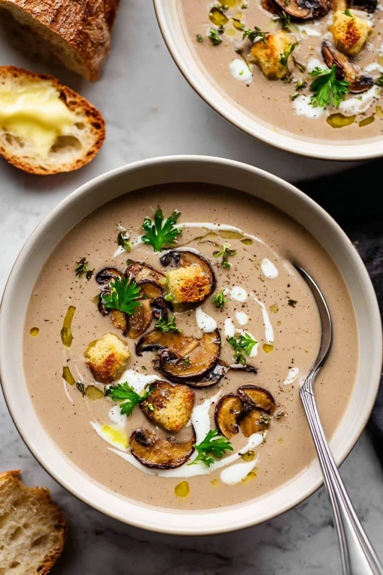 Creamy Mushroom Soup with Croutons and Fresh Herbs Recipe