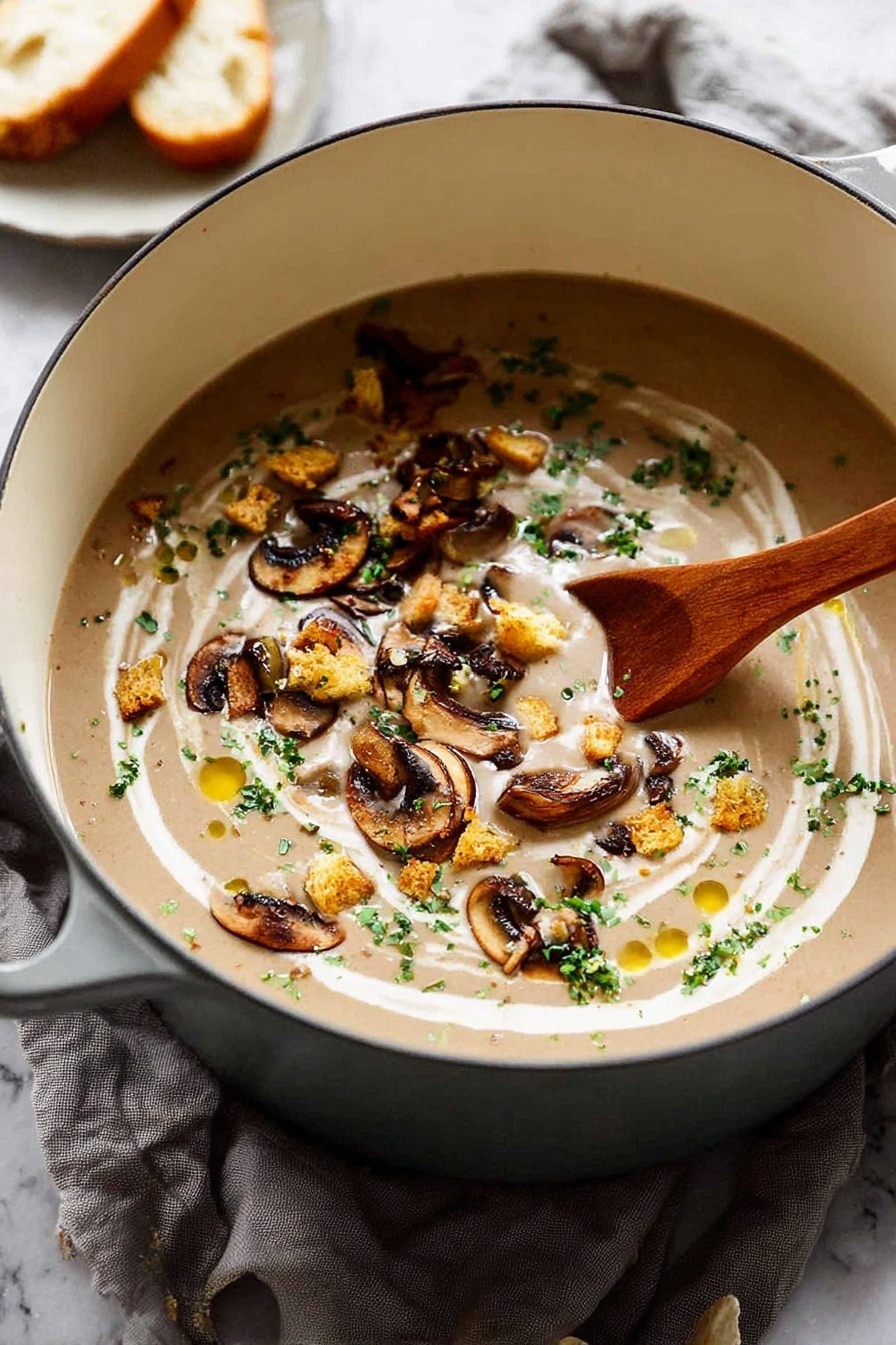 Creamy Mushroom Soup with Croutons and Fresh Herbs, mushroom soup recipe, creamy mushroom soup, homemade mushroom soup, comforting mushroom soup - A light brown creamy soup fills a white pot, topped with thin dark brown mushroom slices, small golden brown croutons, and bright green fresh herbs scattered across the surface. Light swirls of white cream and a few small drops of golden oil add texture on top. A wooden spoon rests inside the pot, partially submerged in the soup, all placed on a soft gray cloth over a white marbled surface. In the blurry background, a slice of bread and butter on a white plate can be seen. Photo taken with an iphone --ar 2:3 --v 7