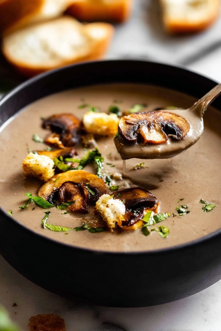 Creamy Mushroom Soup with Croutons and Fresh Herbs, mushroom soup recipe, creamy mushroom soup, homemade mushroom soup, comforting mushroom soup - A black bowl filled with creamy brown mushroom soup, topped with golden brown sliced mushrooms, small crispy croutons, and fresh green herbs. A silver spoon with some soup and mushrooms is dipped in the bowl, showing the smooth texture of the soup. The background includes pieces of bread blurred out on a white marbled surface. photo taken with an iphone --ar 2:3 --v 7
