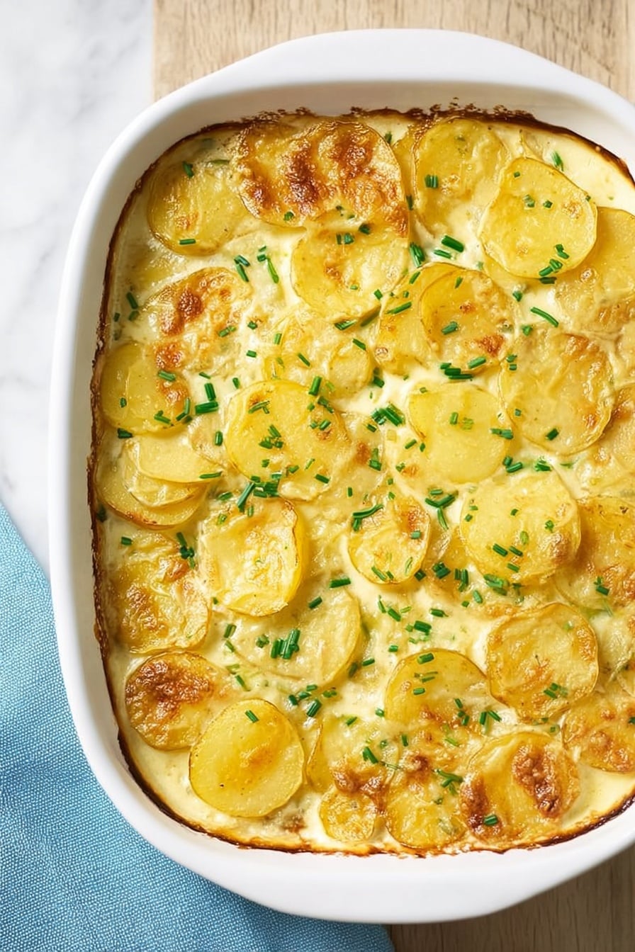 Vegan Scalloped Potatoes, dairy-free scalloped potatoes, vegan potato casserole, plant-based scalloped potatoes, vegan comfort food - The image shows a white baking dish filled with a layered potato casserole. The dish has one main layer composed of thin, round slices of golden-yellow potatoes lightly browned on top, giving a slightly crispy texture. The potatoes are embedded in a creamy, pale yellow sauce that fills the spaces in between, creating a soft and smooth background. Small green chives are sprinkled evenly across the top, adding bright color contrast. The dish is placed on a white marbled surface with part of a light blue cloth visible on the left side. photo taken with an iphone --ar 2:3 --v 7