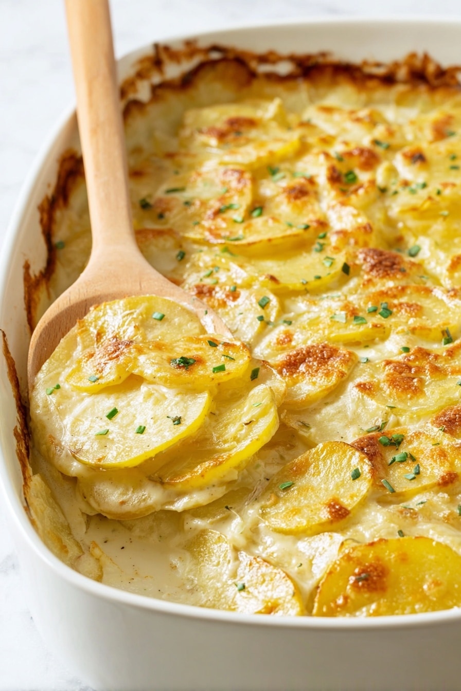 Vegan Scalloped Potatoes, dairy-free scalloped potatoes, vegan potato casserole, plant-based scalloped potatoes, vegan comfort food - A close-up view of a wooden spoon lifting a layered potato dish from a white bowl sitting on a white marbled surface. The dish has several layers of thin potato slices, each with a golden-brown crispy edge and creamy pale yellow sauce between them. Small green chopped herbs are sprinkled on the potatoes, adding a touch of color. The texture looks soft and creamy inside, with a slightly crunchy top layer. photo taken with an iphone --ar 2:3 --v 7