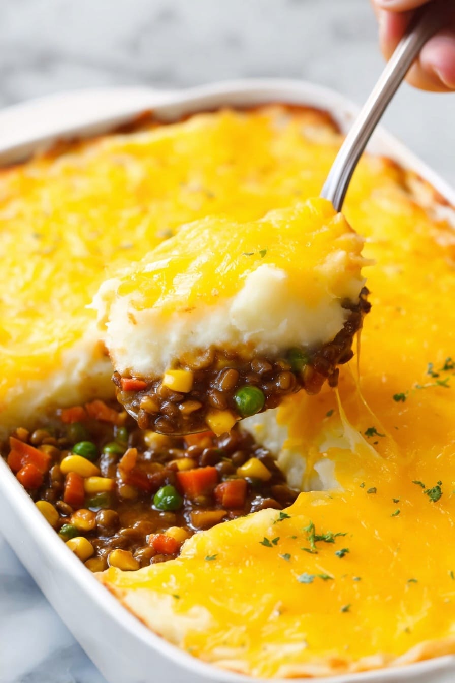 Lentil Shepherd’s Pie with Cheesy Mashed Potatoes, hearty vegetarian shepherd’s pie, vegan shepherd’s pie recipe, comfort food lentil dish, cheesy mashed potato casserole - The dish is a layered casserole in a white dish, with three clear layers. The top layer is bright yellow melted cheese, covering the entire surface smoothly. Below this is a thick white layer of mashed potatoes, soft and creamy in texture. The bottom layer is a rich mix of lentils, corn, green peas, and diced carrots, all in a thick, brown sauce. A spoon is lifting a portion, showing the distinct layers, and a woman's hand holds the spoon from the right side. The dish is set on a white marbled surface. Photo taken with an iphone --ar 2:3 --v 7