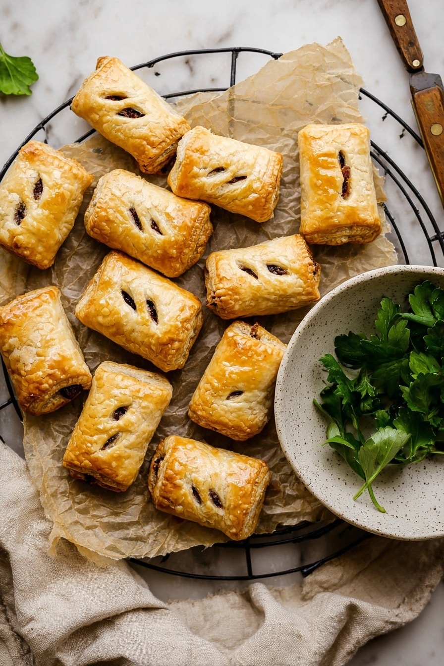 Vegan Sausage Rolls, plant-based sausage rolls, vegan puff pastry snacks, homemade vegan sausage filling, easy vegan party snacks - This image shows about fifteen small golden-brown puff pastries placed on crinkled parchment paper, arranged on a round black wire rack. Each pastry is rectangular with three small slits on top, revealing a dark filling inside. To the right of the pastries, there is a small white speckled bowl filled with fresh green parsley leaves. The background is a white marbled surface, and a wooden-handled knife is partially visible at the top right corner. A bit of a beige cloth is under the wire rack. Photo taken with an iphone --ar 2:3 --v 7
