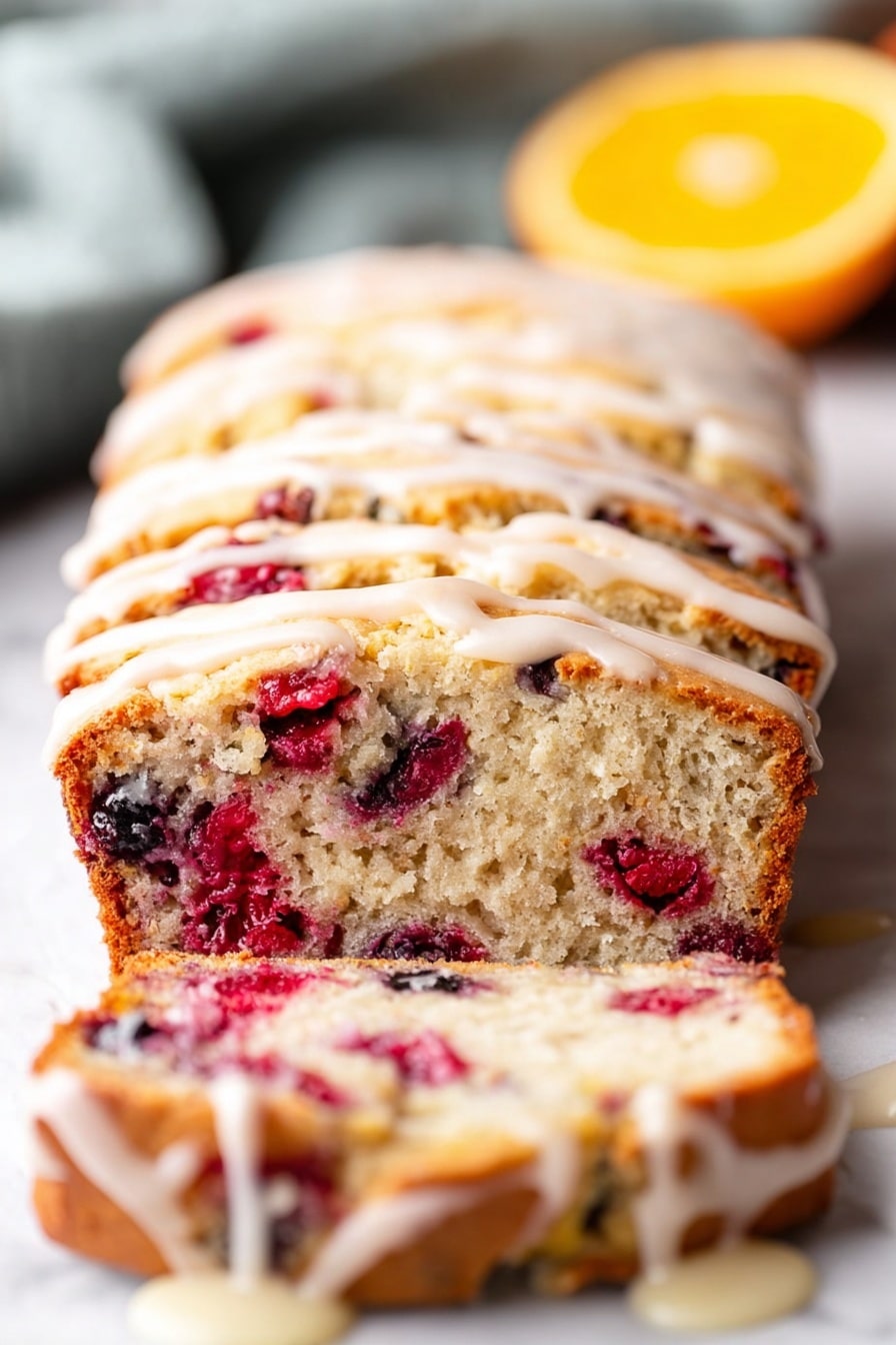 Cranberry Orange Bread, Cranberry Orange Bread with Orange Glaze, citrus cranberry loaf, holiday breakfast bread, easy citrus bread recipe - A close-up image of a sliced loaf of berry bread on white parchment paper placed on a white marbled surface. The bread has a textured golden brown crust with visible cracks and is filled with bright red and dark purple berries scattered throughout the soft, light beige crumb. A shiny, creamy white glaze is drizzled in thick lines over the top of the loaf and slightly dripping over the front slice, creating a glossy contrast against the crumb and berries. In the blurred background, there is a soft light gray cloth and a half orange adding subtle color. photo taken with an iphone --ar 2:3 --v 7