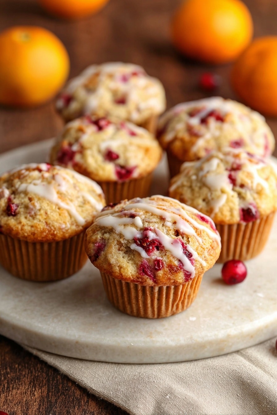 Cranberry Orange Muffins with Orange Glaze, cranberry orange muffin recipe, citrus breakfast muffins, easy cranberry muffins, orange glaze muffin recipe - A close-up view of several golden yellow muffins with a soft, crumbly texture, each baked in white paper liners. The muffins have bright red cranberry pieces visible on the surface and inside, with some darker berries mixed within the moist interior. One broken muffin sits in the foreground, showing its fluffy inside and juicy, colorful berry bits. The muffins rest on a smooth, white marbled surface with a few fresh whole cranberries scattered around them. Photo taken with an iphone --ar 2:3 --v 7