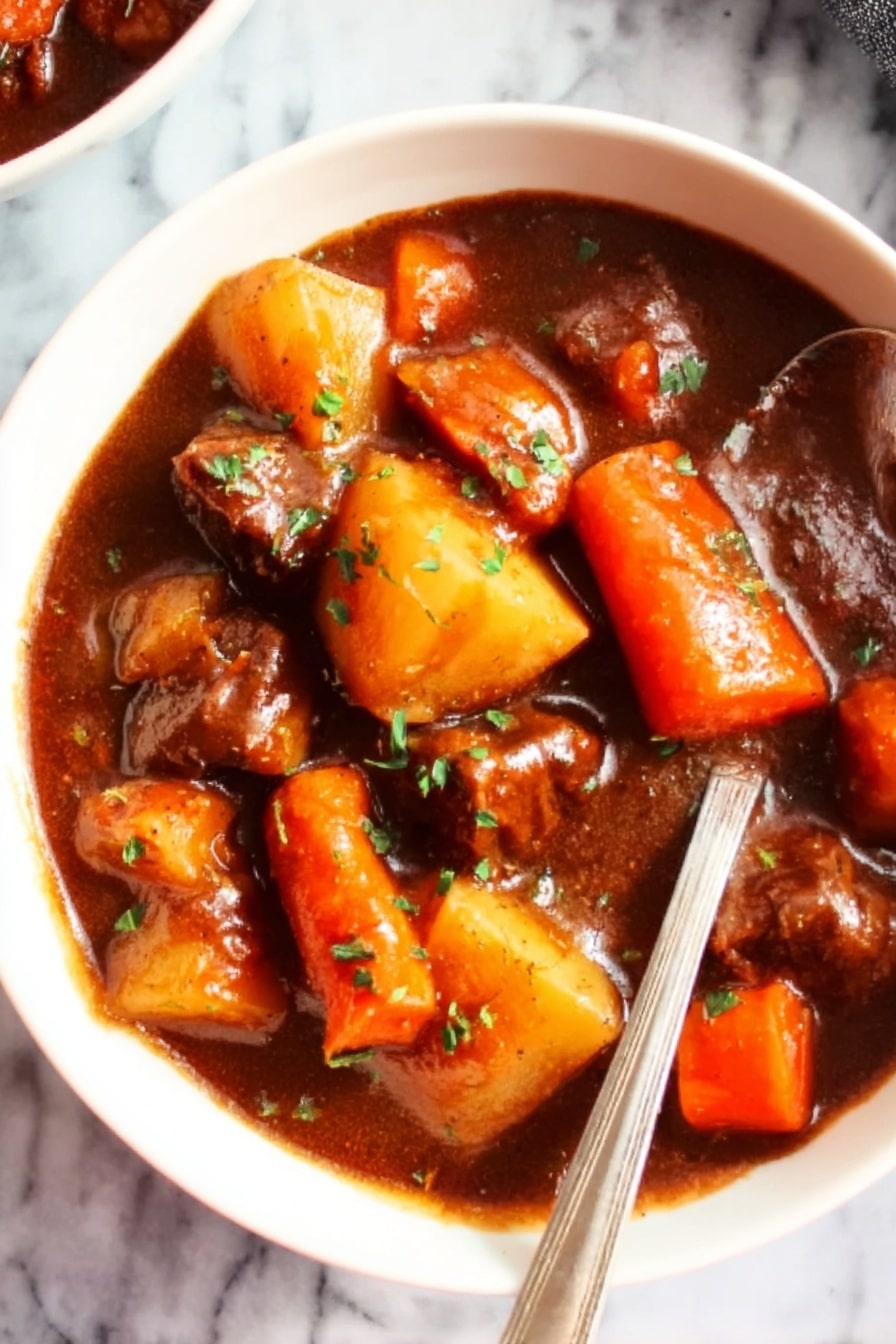 Vegan Irish Stew with Guinness and Gardein Beefless Tips, vegan Irish stew recipe, plant-based Irish stew with Guinness, vegan beefless tips stew, hearty vegan stew recipes - A white bowl filled with thick beef stew, showing chunks of tender brown beef, large pieces of orange carrots, and big white potato pieces all mixed in a rich dark brown gravy. Small green herbs are sprinkled on top, adding contrast. A spoon is resting in the bowl, and the bowl sits on a white marbled surface. photo taken with an iphone --ar 2:3 --v 7