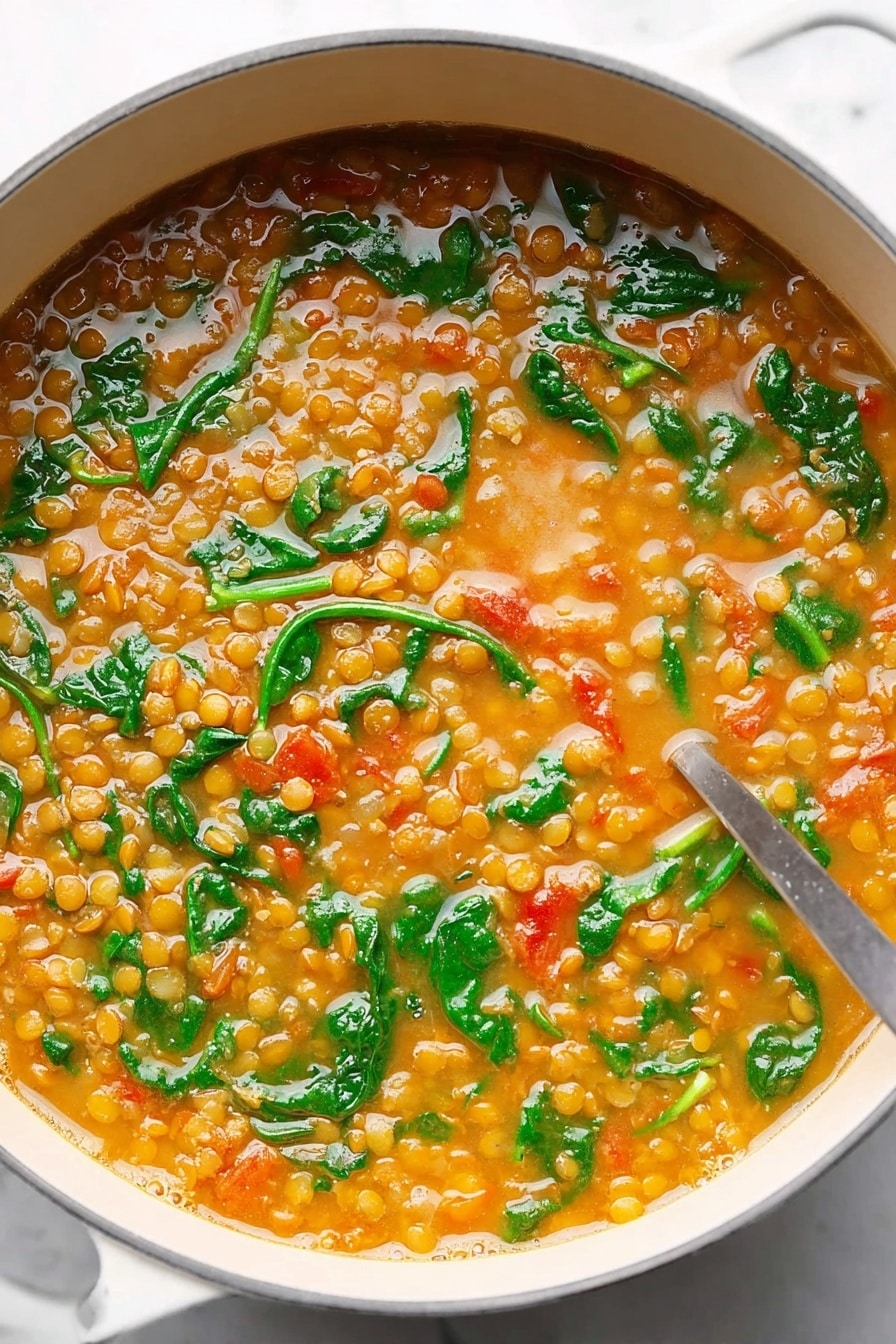 The Best Lentil Soup, hearty lentil soup, healthy lentil soup recipe, easy lentil soup, comforting soup recipes - A close-up view of a white pot filled with lentil soup, showing many small light brown lentils spread throughout a light orange broth. Bright green spinach leaves are scattered all over, adding color and texture. Small pieces of red tomatoes and orange carrot bits are mixed in, giving more color contrast. The broth looks smooth with some bubbles around the edges. A silver spoon is partially visible on the right side, placed inside the soup. The pot sits on a white marbled surface. Photo taken with an iphone --ar 2:3 --v 7