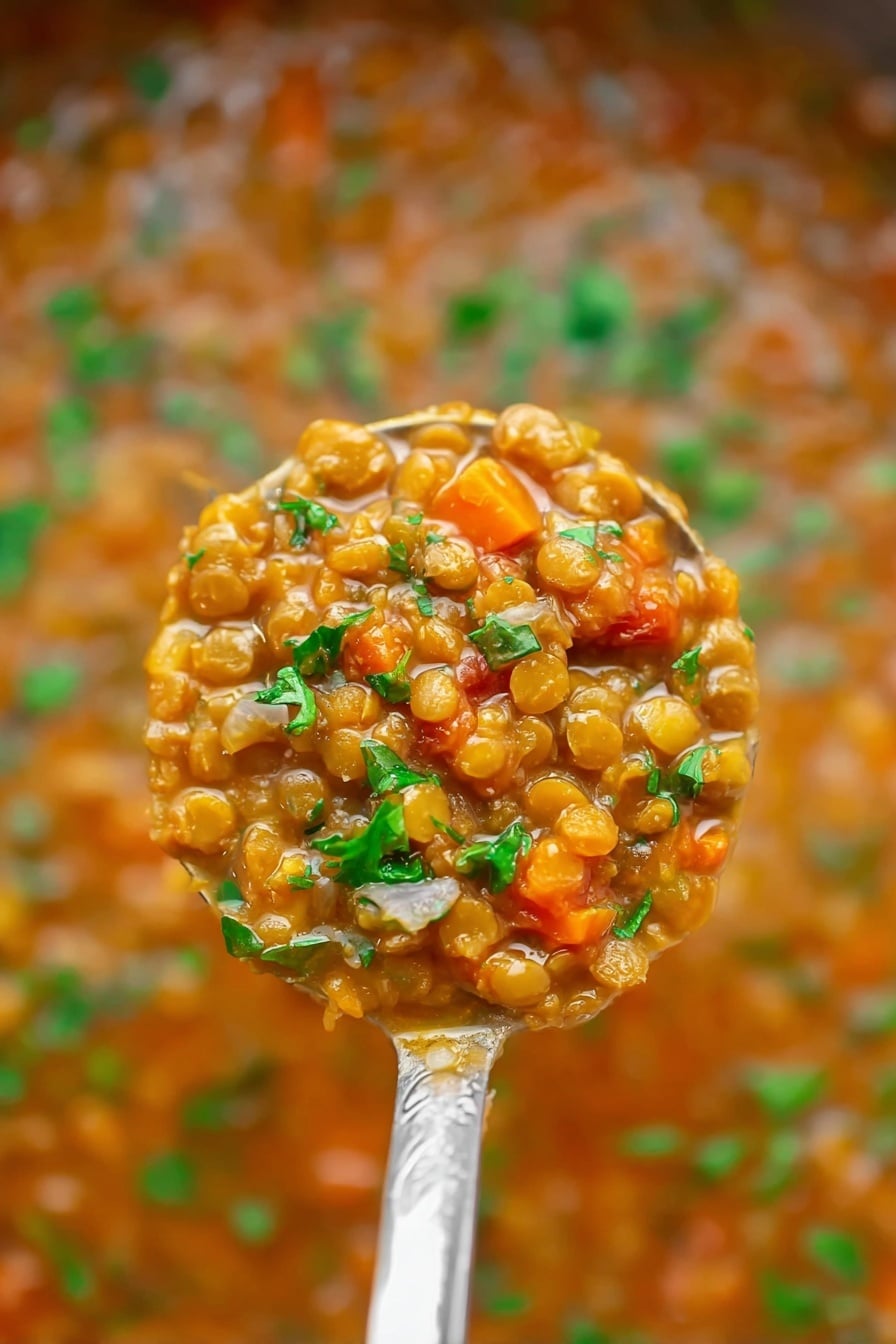 The Best Lentil Soup, hearty lentil soup, healthy lentil soup recipe, easy lentil soup, comforting soup recipes - A close-up of a ladle full of cooked lentils mixed with small pieces of orange carrots and finely chopped onions in a thick orange-brown broth, sprinkled with small green herb leaves, held above a white marbled surface with more lentil stew visible underneath, showing a soft, chunky texture with vibrant green, orange, and brown colors, photo taken with an iphone --ar 2:3 --v 7