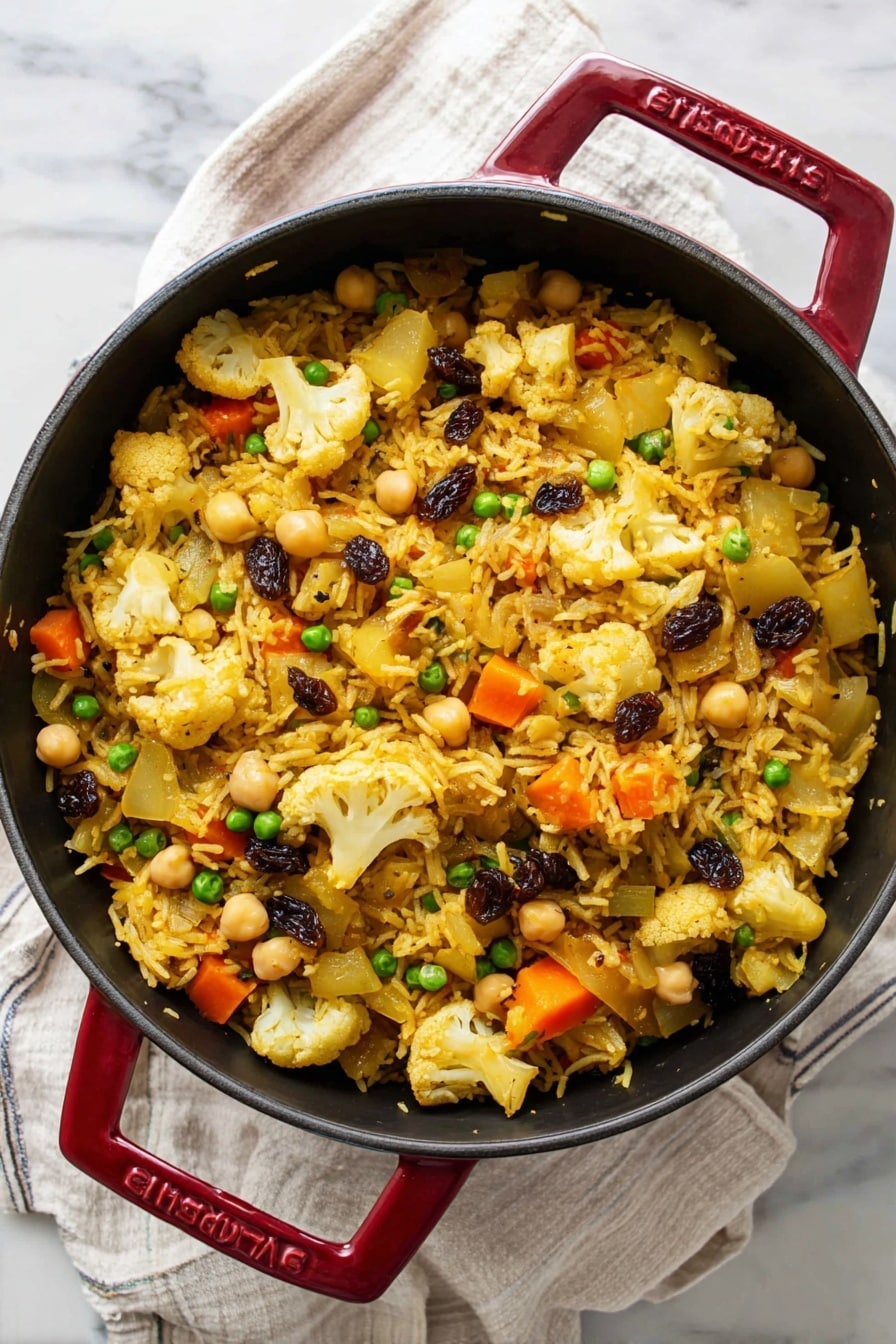 Vegan Biryani, easy vegan Indian dishes, plant-based rice recipes, vegetarian biryani ideas, wholesome vegan meals - A black round cast iron pot with red handles is full of a colorful mix of cooked rice and vegetables. The dish has three main layers: the bottom and middle layers are mixed with yellowish rice grains that look soft and fluffy, dotted with green peas, chunky light orange carrot slices, yellow potato pieces, cauliflower florets, and beige chickpeas. The top layer has more whole vegetables and dark raisins scattered around, adding texture and color contrast. The pot sits on a white marbled surface with a white and beige striped cloth beneath it. Photo taken with an iphone --ar 2:3 --v 7