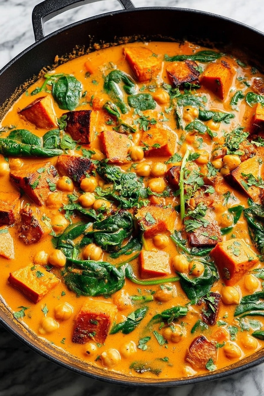 Butternut Squash Curry with Chickpeas, healthy butternut squash curry, vegan chickpea curry recipe, easy vegetable curry, cozy fall dinner ideas - This image shows a black skillet filled with a rich orange stew that has several layers and textures. The base is a creamy orange sauce with a smooth texture. Floating in the sauce are medium-sized chunks of roasted sweet potatoes that have browned edges, scattered chickpeas, and fresh green spinach leaves. There are also small chopped green herbs sprinkled across the top for garnish. The skillet sits on a white marbled surface. photo taken with an iphone --ar 2:3 --v 7
