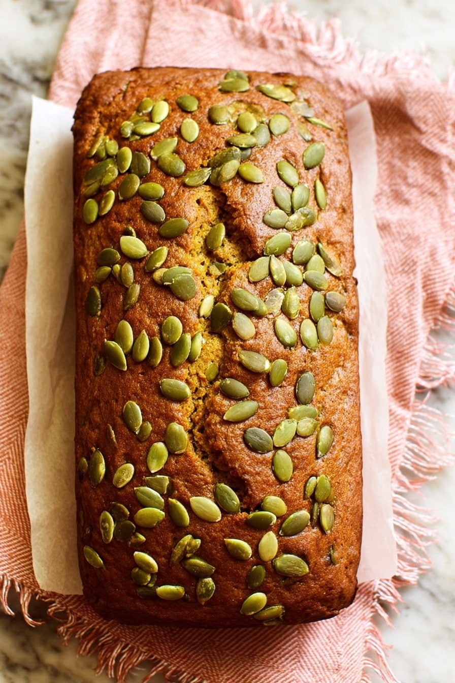 Vegan Pumpkin Bread, Pumpkin Bread without Eggs, Fall Vegan Baking, Moist Vegan Pumpkin Loaf, Easy Vegan Pumpkin Bread - A rectangular loaf with a golden-brown crust is topped with many green pumpkin seeds scattered unevenly across the surface. The bread shows a few cracks on top, giving it a rustic look. It sits on a white parchment paper over a light pink cloth with some fringe on the edges. The background is a white marbled texture. photo taken with an iphone --ar 2:3 --v 7
