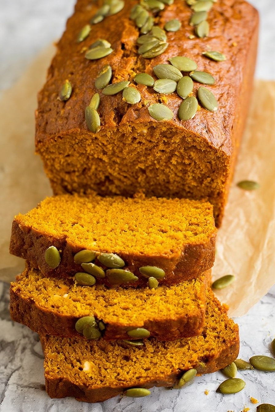 Vegan Pumpkin Bread, Pumpkin Bread without Eggs, Fall Vegan Baking, Moist Vegan Pumpkin Loaf, Easy Vegan Pumpkin Bread - This image shows a loaf of pumpkin bread with a soft, moist texture and a warm orange color. The loaf is topped with scattered green pumpkin seeds that add texture and contrast to the brown crust. It is sliced, showing multiple thick layers of the orange bread inside with some seeds along the edges. The bread sits on a light parchment paper with a few scattered seeds around it, and the whole scene is set against a white marbled surface. photo taken with an iphone --ar 2:3 --v 7