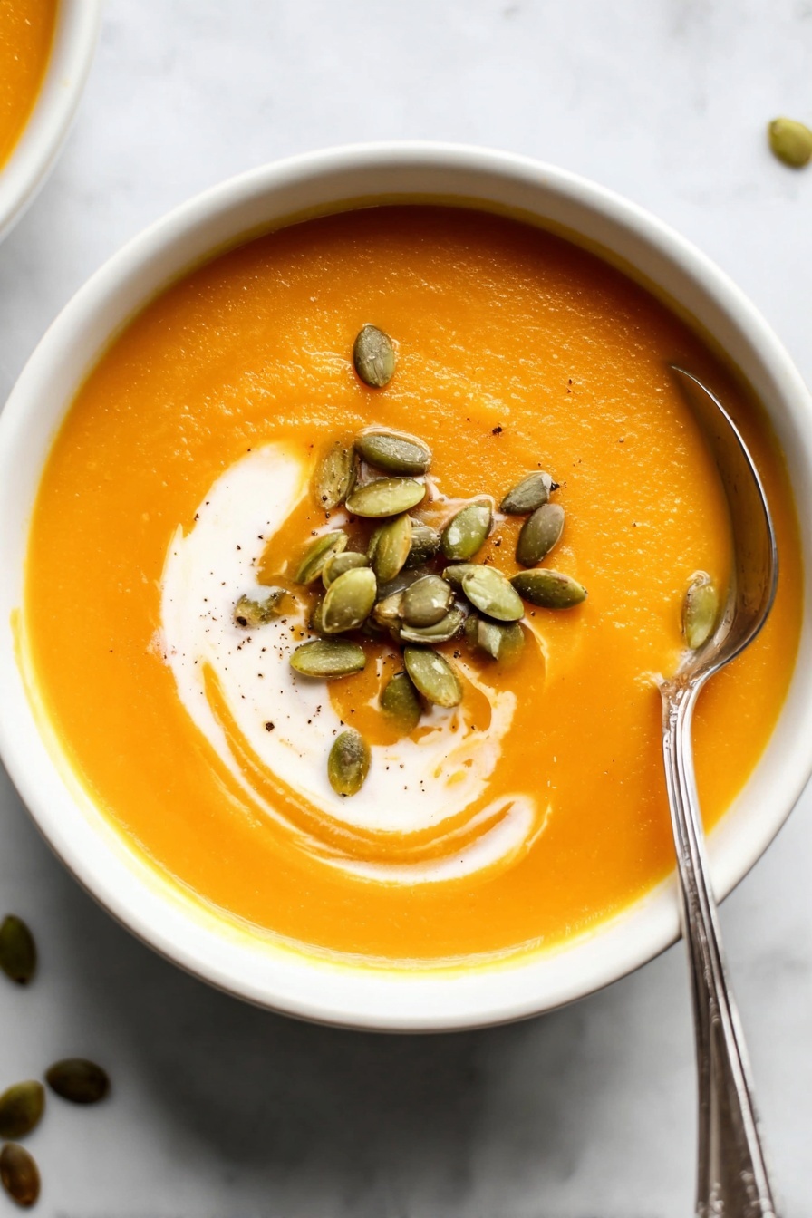 Vegan Butternut Squash Soup, vegan soup, creamy butternut squash soup, plant-based butternut squash recipe, healthy vegan pumpkin soup - A smooth orange soup fills a white bowl placed on a white marbled surface, topped with green pumpkin seeds arranged in a small pile on one side. A swirl of white cream creates a soft spiral pattern on the soup's surface near the seeds. A silver spoon rests inside the bowl on the right side, its handle extending outwards. Photo taken with an iphone --ar 2:3 --v 7