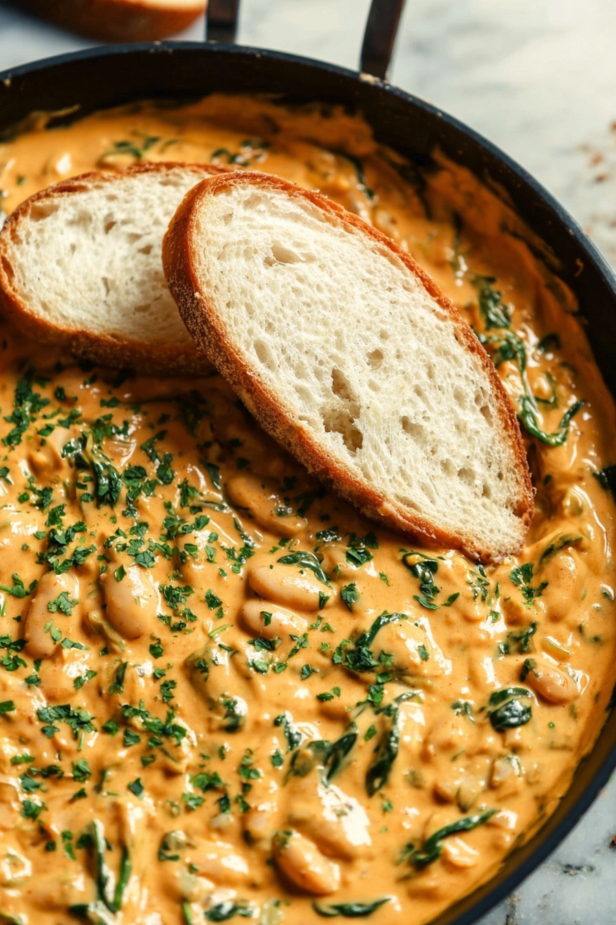 Creamy Sun Dried Tomato Butter Beans with Basil and Spinach, Sun Dried Tomato Butter Beans Vegan, Healthy Creamy Bean Recipes, Easy Vegetarian Bean Dishes, Nutritious Plant-Based Meals - The image shows a deep white pan filled with a thick, creamy sauce that is light orange in color, mixed with small white beans and fresh green herbs scattered throughout. The sauce has a smooth texture with visible swirls and chunks of greens, giving it a hearty look. Two slices of rustic white bread with a crusty edge and airy texture are placed on top of the sauce, partially dipped into it. The pan is set against a white marbled surface as background. Photo taken with an iphone --ar 2:3 --v 7