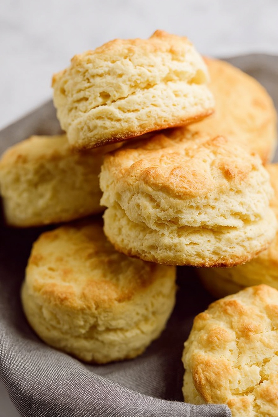 Southern-Style Vegan Buttermilk Biscuits, vegan biscuit recipe, fluffy vegan biscuits, plant-based biscuits, vegan Southern biscuits - The image shows a close-up of several round biscuits placed close together on a soft gray cloth. Each biscuit has three visible layers with a light golden-brown color on top and a pale yellowish inside. The biscuits have a rough and crumbly texture with small cracks and uneven edges. They look soft and fresh, with a slight shine on the top layer. The background is a white marbled surface. photo taken with an iphone --ar 2:3 --v 7