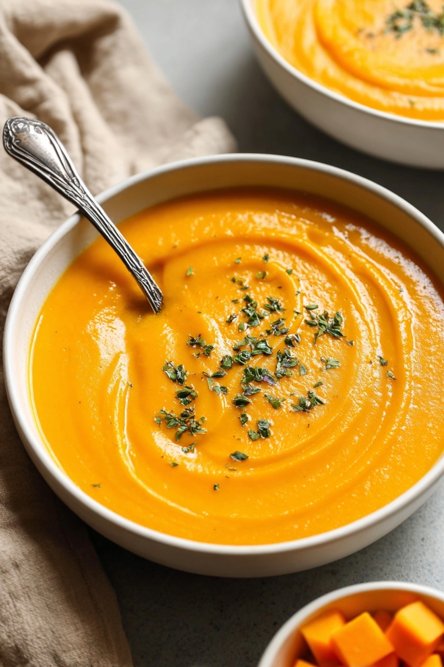 Butternut Squash and Sweet Potato Soup, comforting fall soup, healthy vegetable soup, creamy roasted vegetable soup, easy fall soup recipes - A white bowl filled with smooth, bright orange soup swirled gently on the surface, sprinkled with small green herb pieces on top. A detailed silver spoon is placed inside the soup on the left side of the bowl. The bowl rests on a surface with a beige cloth in the background, and part of another white bowl with the same soup is seen in the upper right. At the bottom right corner, a small white bowl holds orange cubed pieces, touching the edge of the image. Photo taken with an iphone --ar 2:3 --v 7