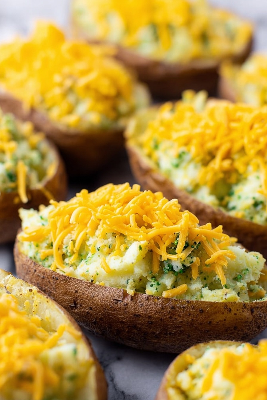 Vegan Cheesy Broccoli Twice Baked Potatoes, vegan stuffed baked potatoes, plant-based cheesy potato recipes, dairy-free broccoli potatoes, vegan comfort food ideas - The image shows multiple potato skins filled with a creamy mixture that looks like mashed potatoes with small green bits, likely broccoli, mixed in. Each potato skin is topped with bright orange shredded cheddar cheese, spread evenly over the filling. The potato skins have a brown, slightly rough outer layer, and the filling is light yellow with visible green flecks. The filled skins are close together and placed on a surface with a white marbled texture. The focus is on the front potato skin, with several others blurred in the background, creating depth in the image. The lighting is bright, making the colors vivid. Photo taken with an iphone --ar 2:3 --v 7