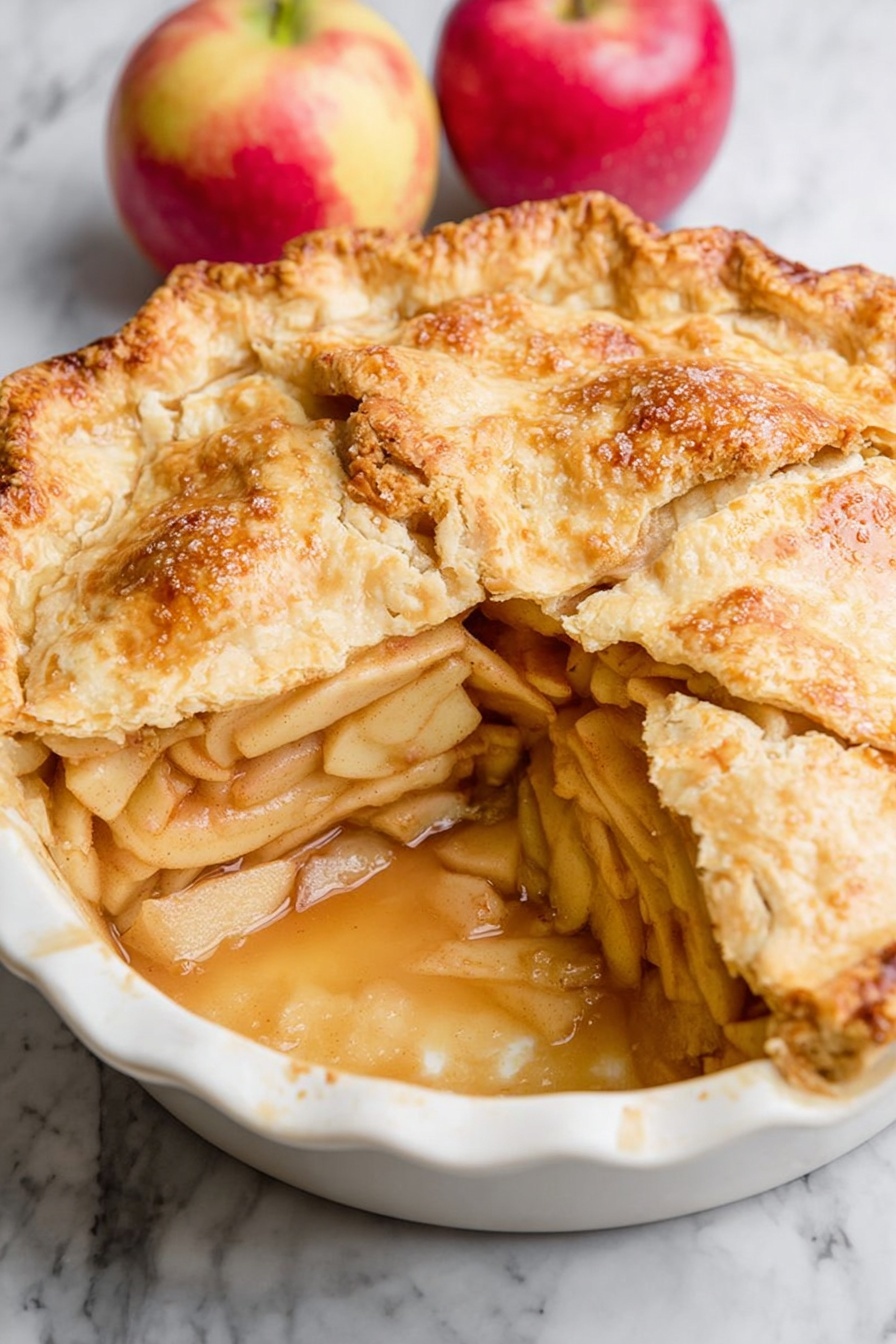 Perfect Vegan Apple Pie Recipe, vegan apple pie, dairy-free apple pie, best vegan dessert, easy vegan pie - A white pie dish holds an apple pie with a golden brown, slightly rough textured crust sprinkled with coarse sugar on top, cut open to reveal a layer of soft, thinly sliced apples inside, surrounded by thick apple juice creating a glossy, light brown pool at the bottom. The white marbled surface under the dish has two red and yellow apples resting beside it, adding a fresh look. photo taken with an iphone --ar 2:3 --v 7