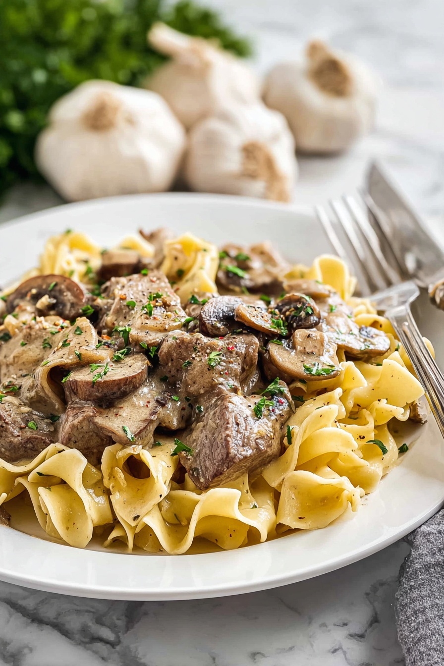 Old Fashioned Beef Stroganoff, beef stroganoff recipe, classic beef stroganoff, creamy beef stroganoff, easy beef stroganoff - The image shows a close-up of a pan filled with creamy cooked egg noodles mixed with slices of brown mushrooms and small pieces of tender meat. The noodles are a light golden color with a soft texture, layered evenly throughout the pan. The meat and mushrooms are scattered on top and mixed in, adding shades of dark brown and gray. Bits of green herbs are sprinkled over the dish, adding some color contrast. A wooden spoon is resting in the pan, partially lifting a mix of noodles, mushrooms, and meat, suggesting that the dish is ready to be served. The background is a soft focus white marbled texture. Photo taken with an iphone --ar 2:3 --v 7
