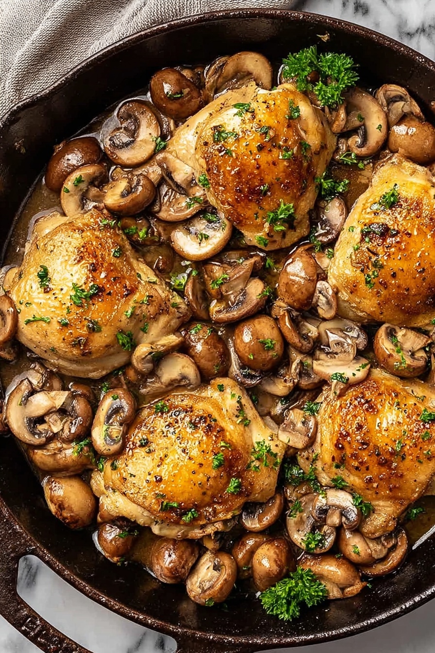 Chicken Marsala, Classic Chicken Marsala, Chicken Marsala recipe, Easy Chicken Marsala, Chicken Marsala dinner - A black cast iron pan filled with four golden-brown cooked chicken pieces on top, each topped with thin, light brown mushroom slices scattered across and around them. The mushrooms have a soft, cooked texture with a few fresh green parsley sprigs sprinkled evenly over the dish. The pan sits on a white marbled surface with a white dish towel featuring black dotted stripes partially underneath. In the background, some fresh whole mushrooms and green herbs are visible. Photo taken with an iphone --ar 2:3 --v 7